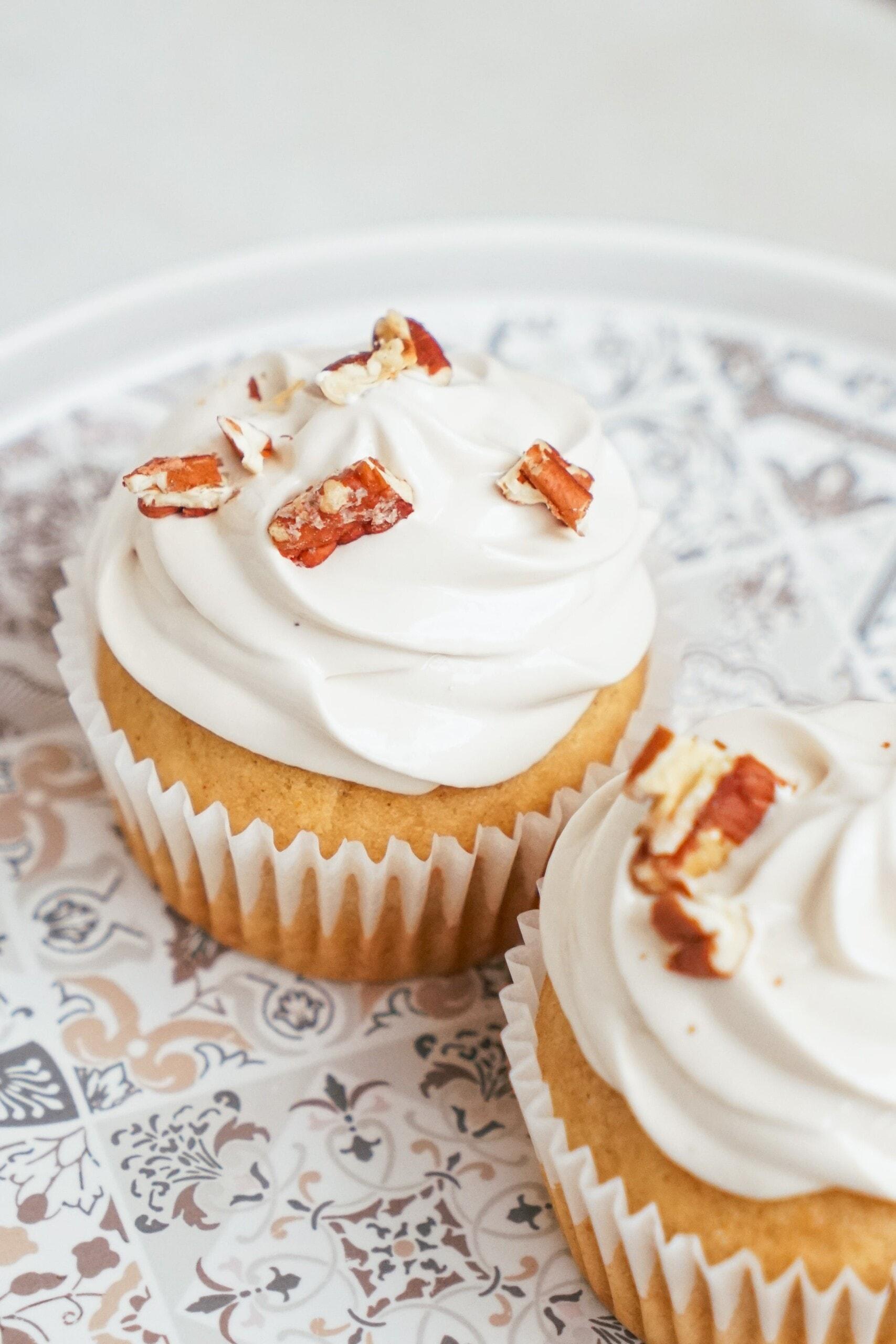 close up of sweet potato cupcakes on a plate