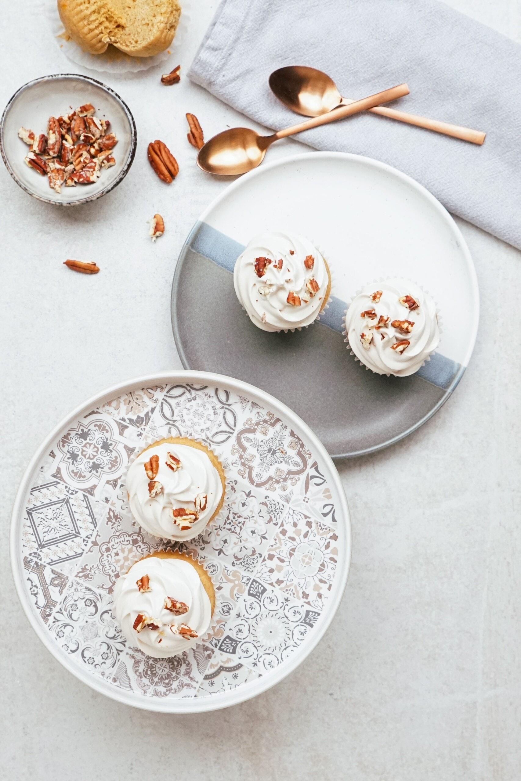 sweet potato cupcakes plated on a tablescape