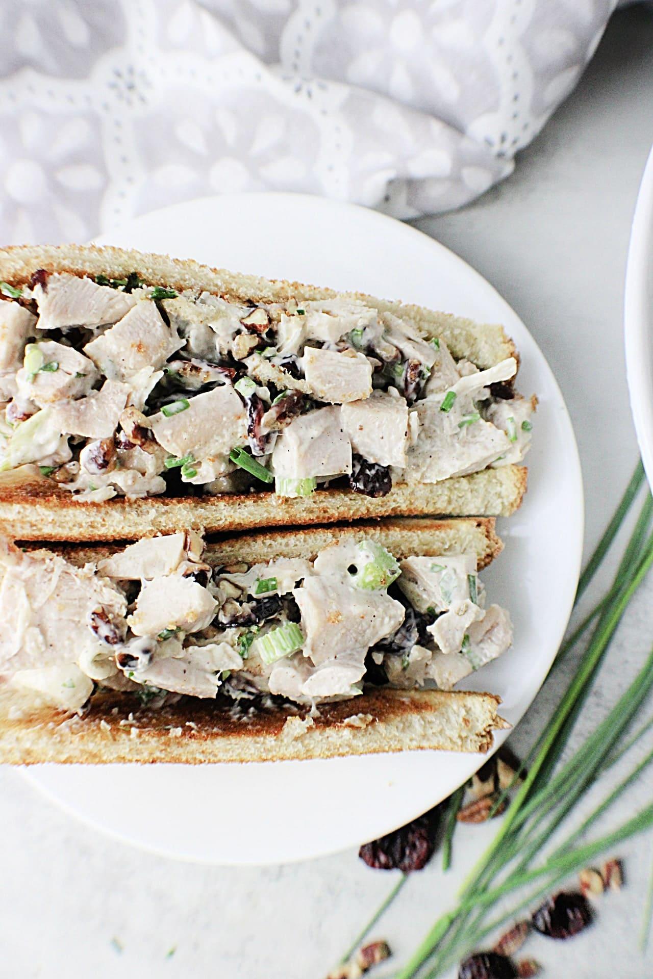 Turkey Salad sandwich on a plate close up view