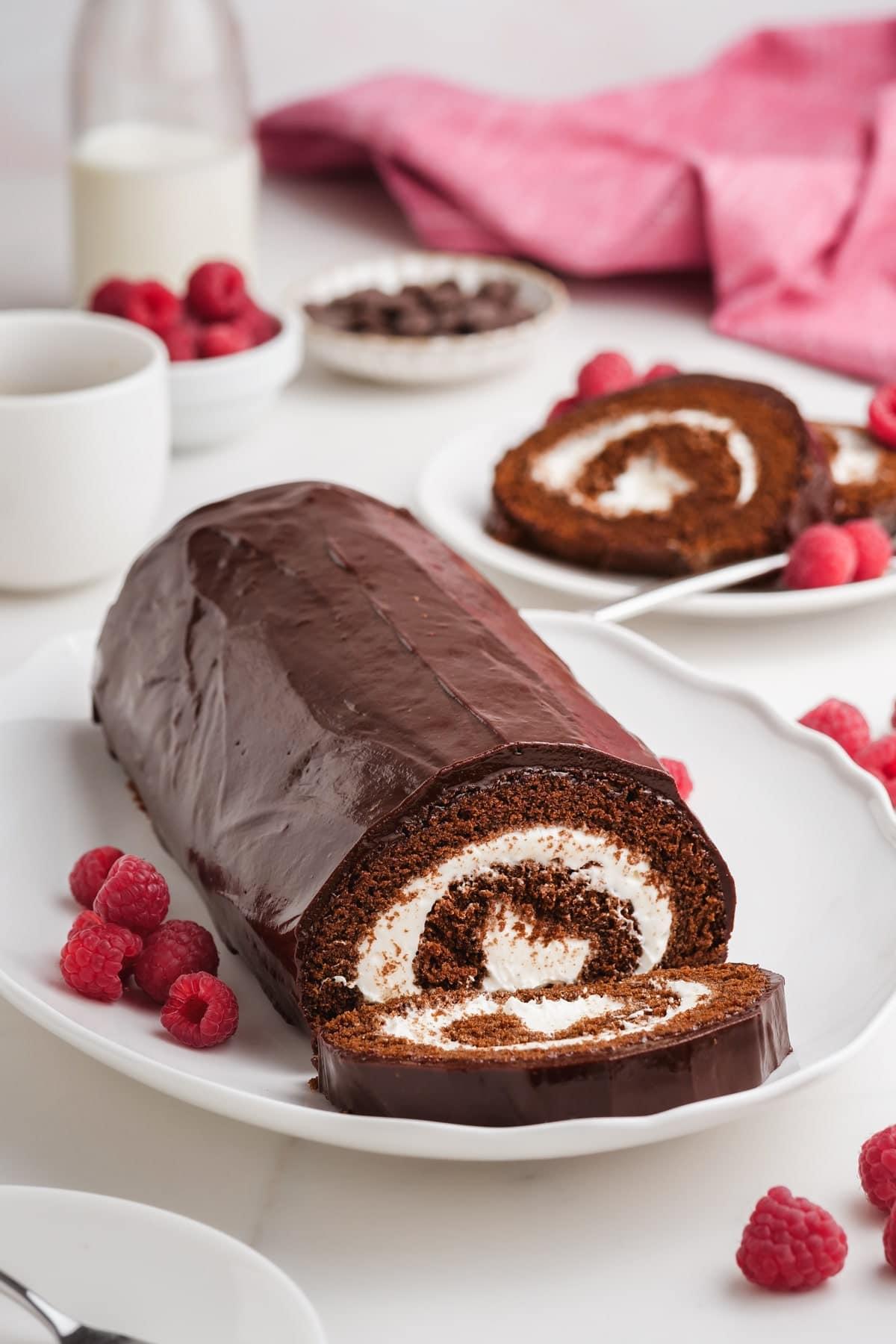 chocolate swiss roll on a tablescape