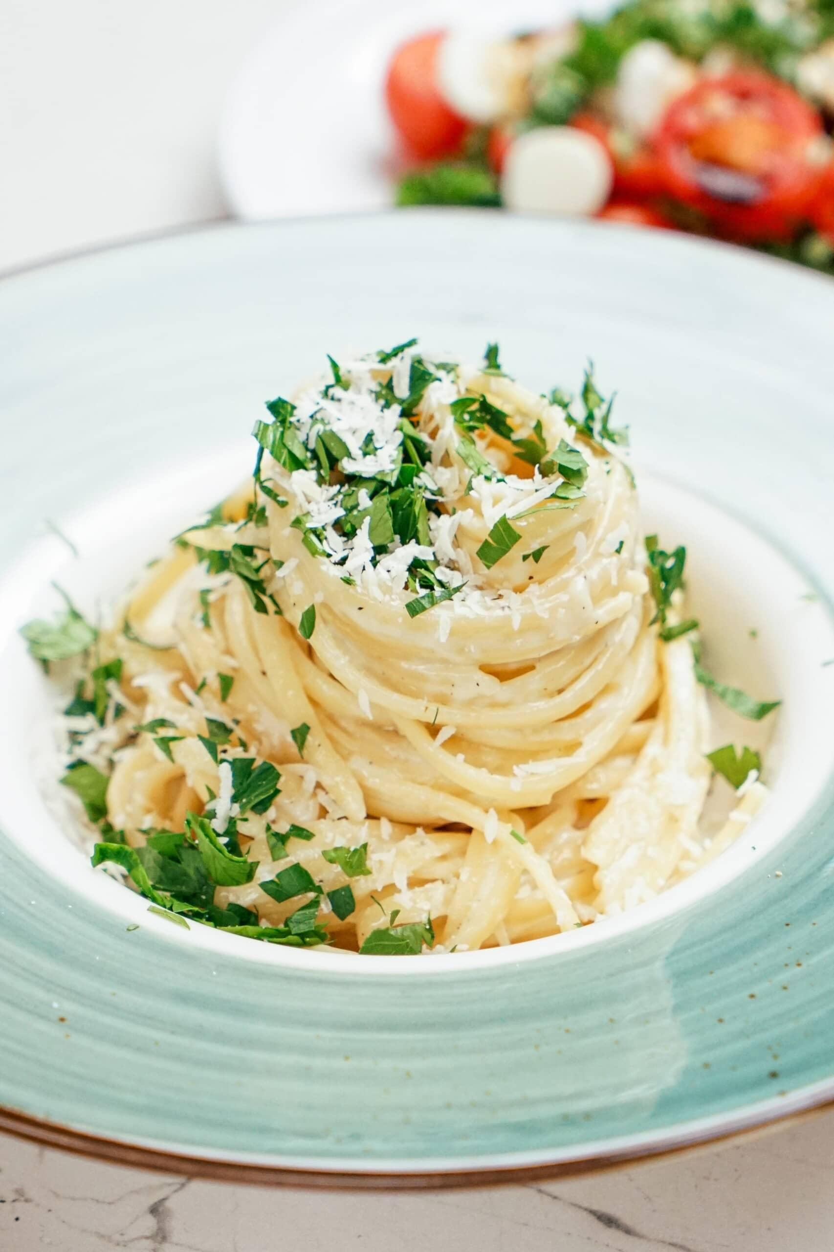 parm garlic linguine styled in a pasta dish