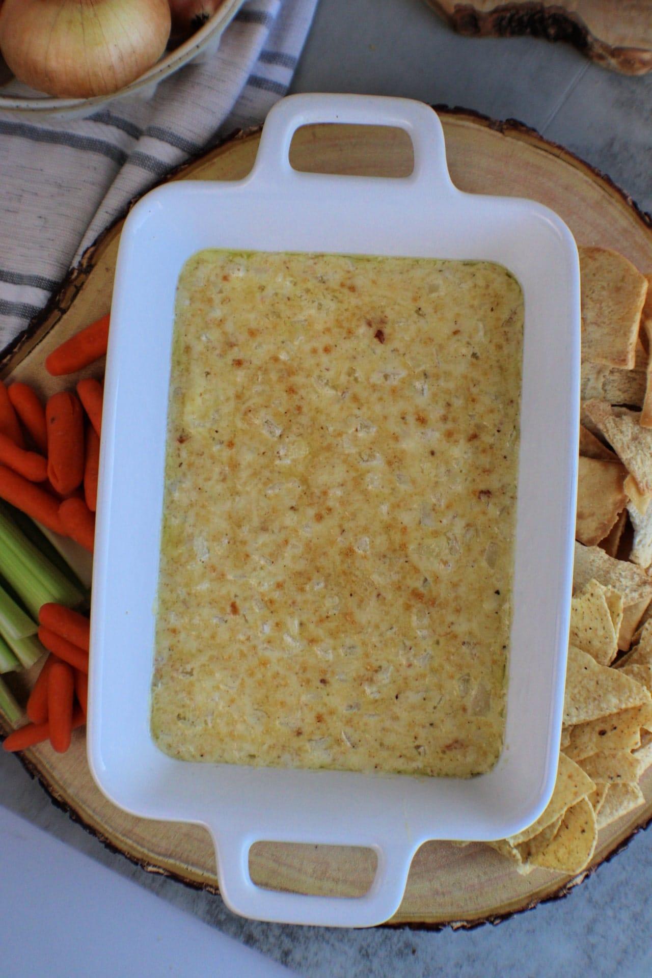 Hot Onion Dip in a baking dish fresh out of the oven