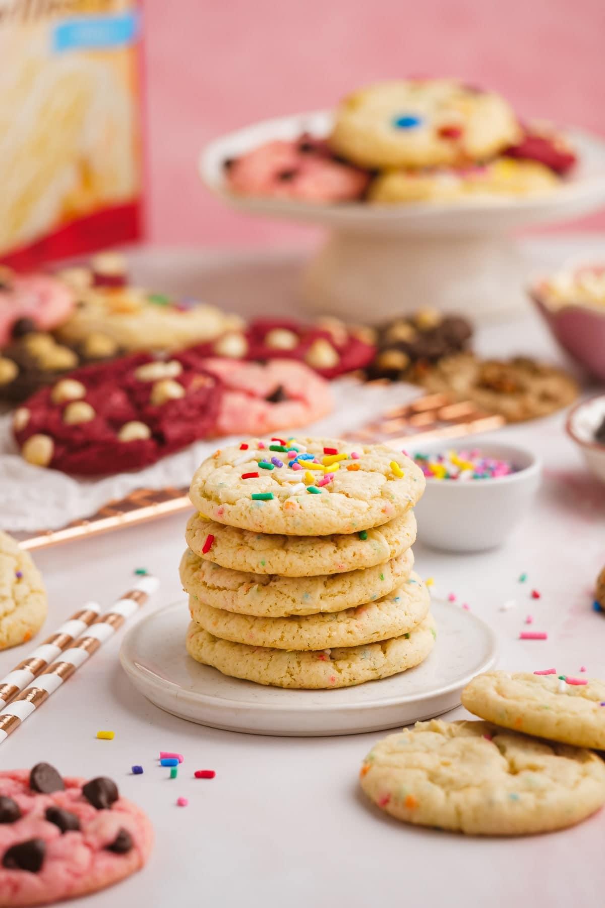 cake mix cookies stacked on a plate