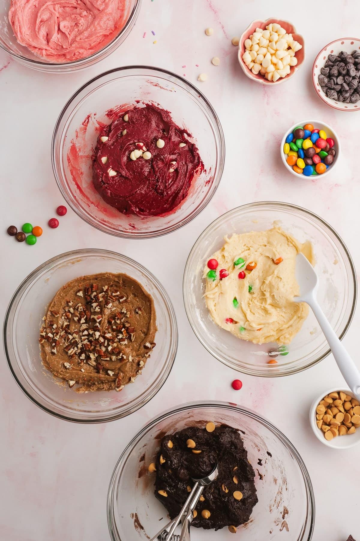 different flavors of cake mix cookie dough in bowls