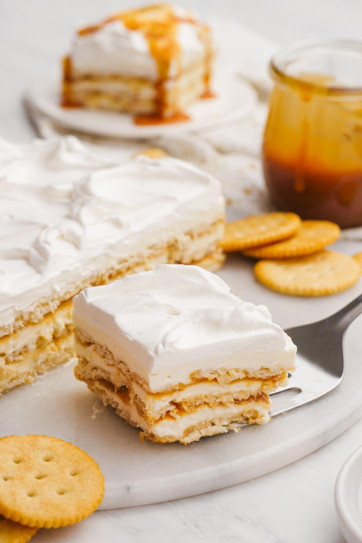 slice of salted caramel ritz cracker icebox cake 