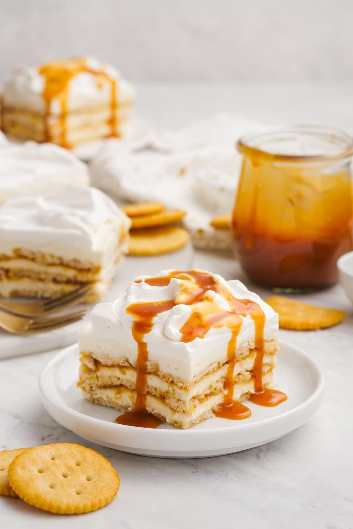 salted caramel ritz cracker icebox cake on a tablescape