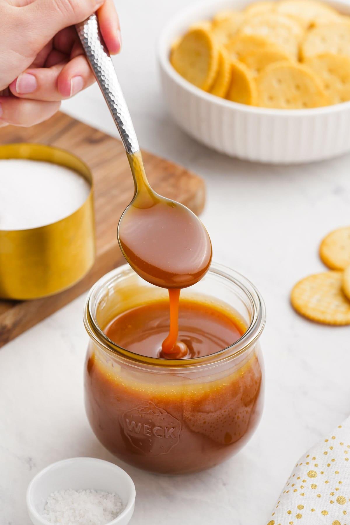 salted caramel sauce in a glass jar 