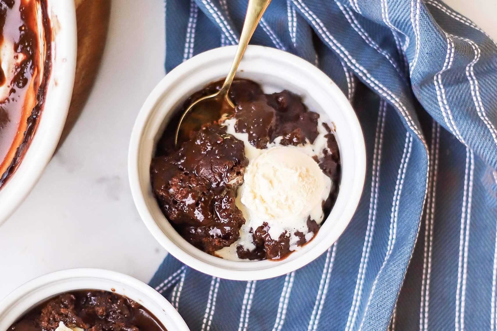 Chocolate Cobbler with a scoop of ice cream in a bowl