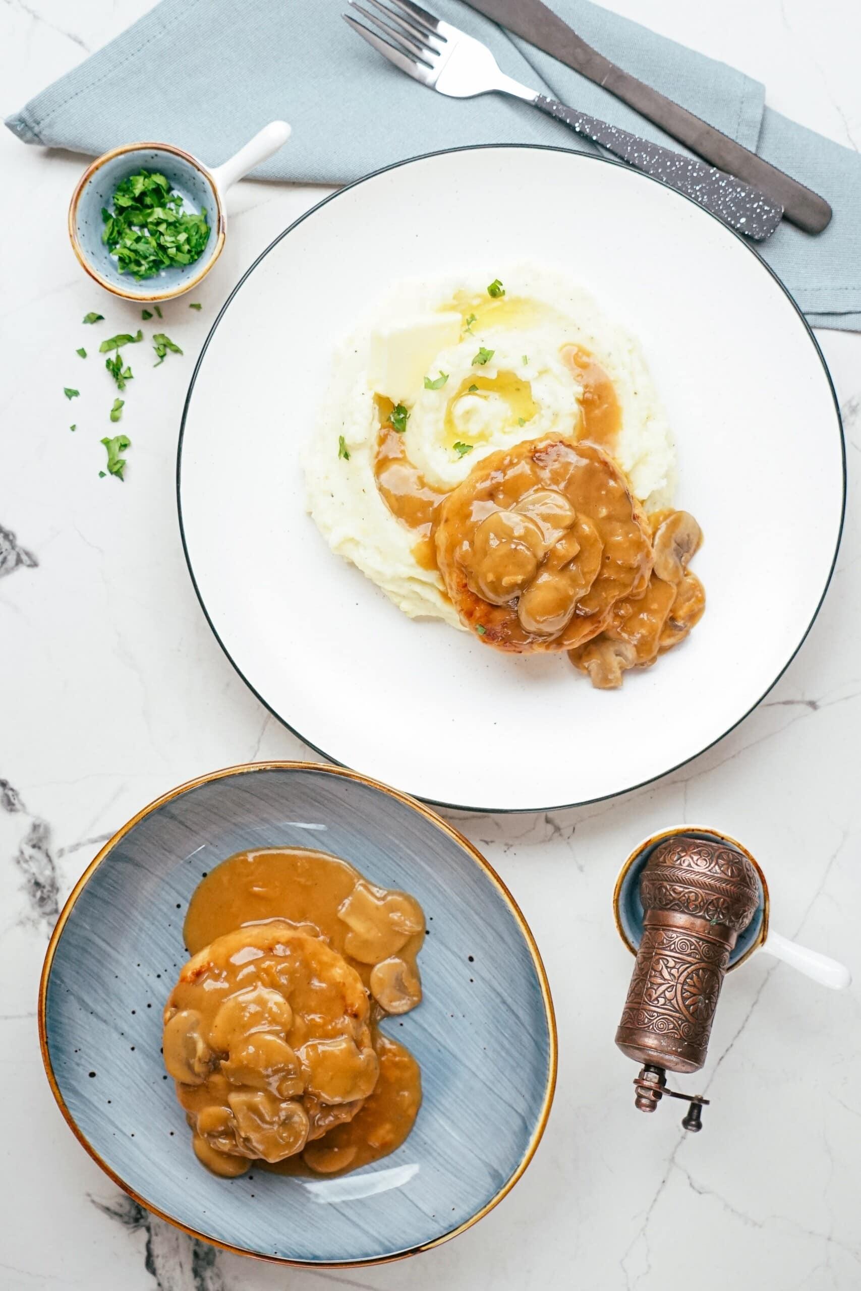 turkey salisbury steak on a plate and tablescape