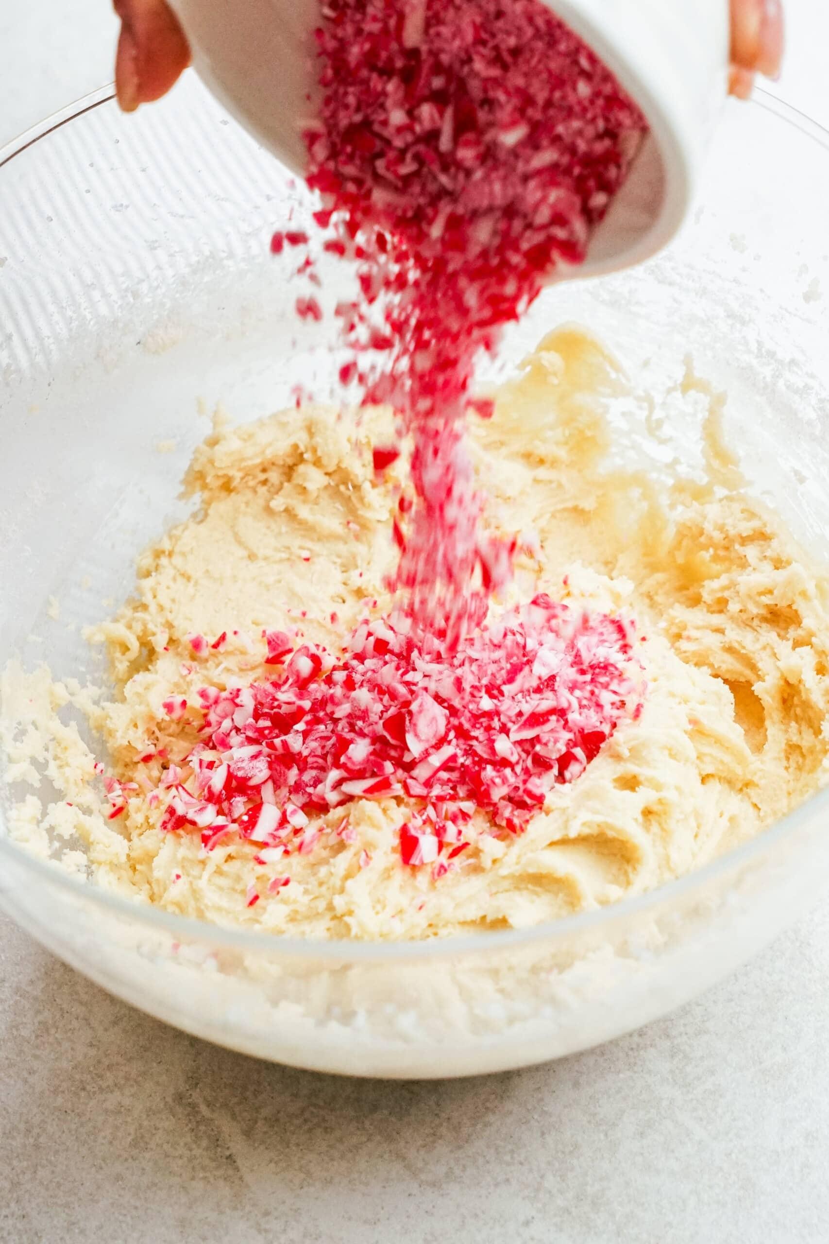 crushed candy canes added to cookie dough