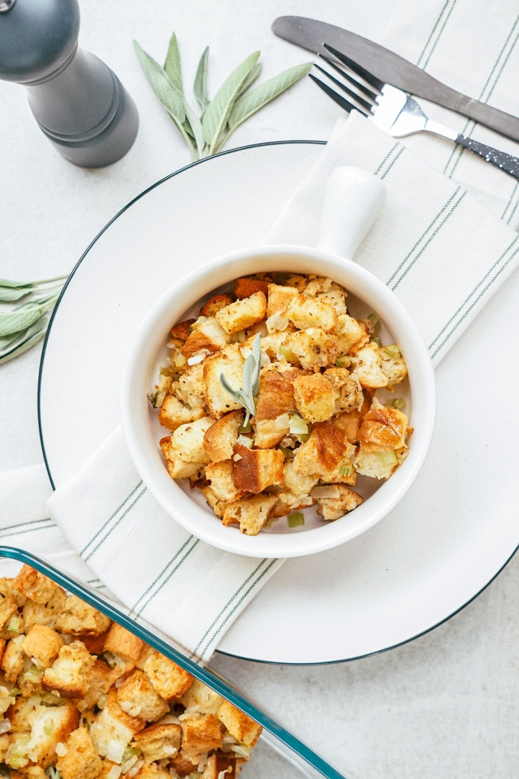 stuffing in a bowl on a tablescape