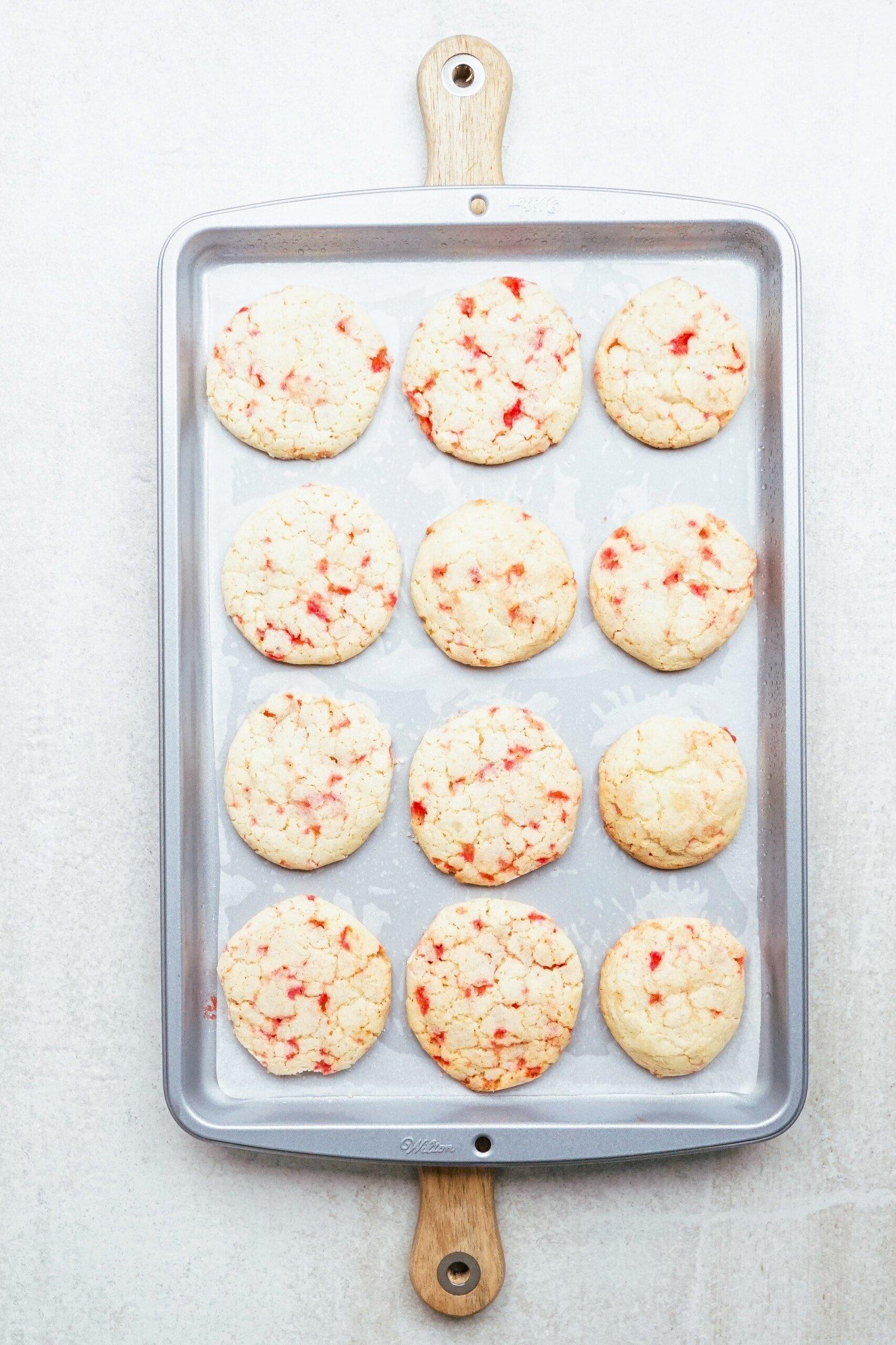 baked candy cane cookies on a baking sheet