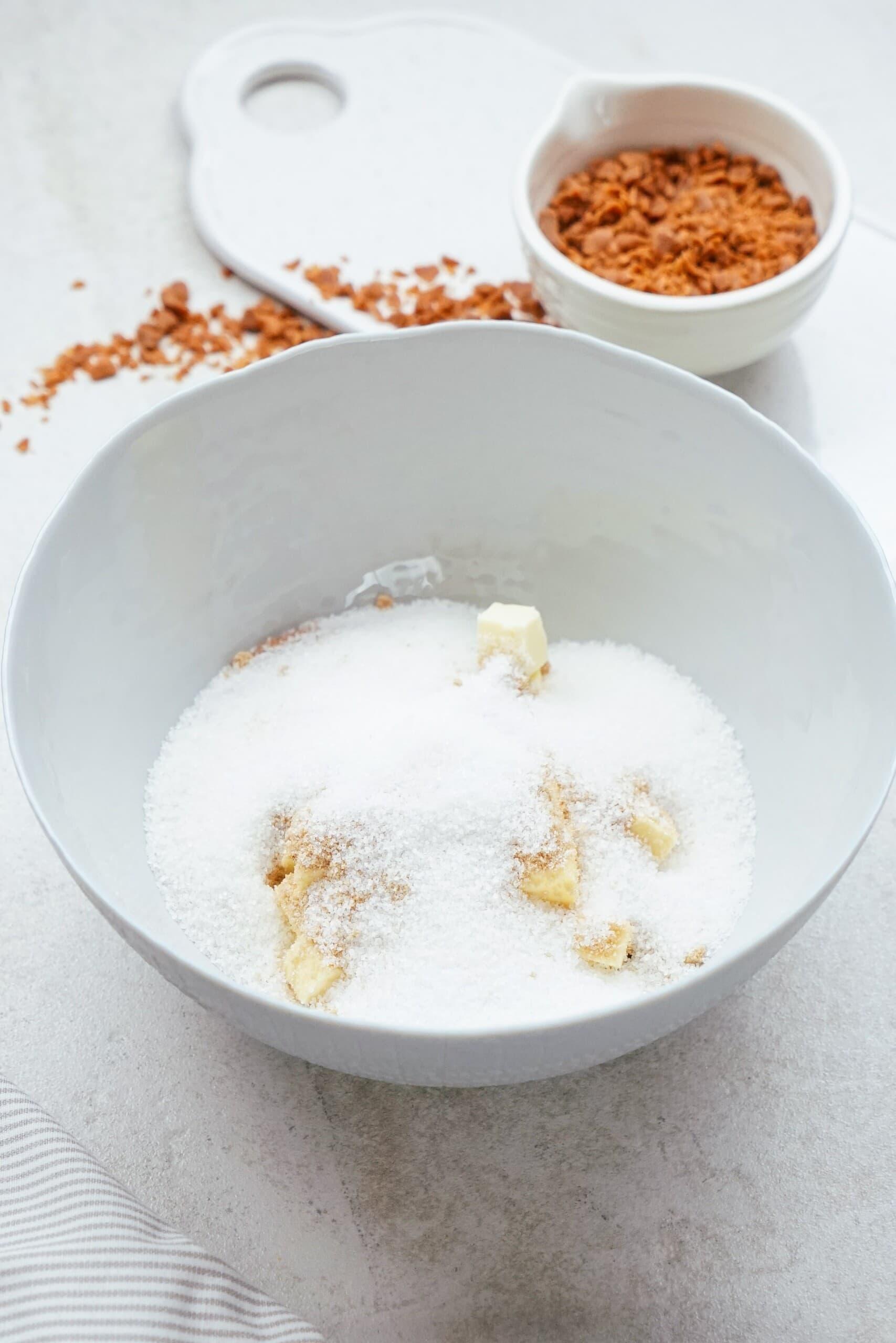 sugar and butter in a mixing bowl 