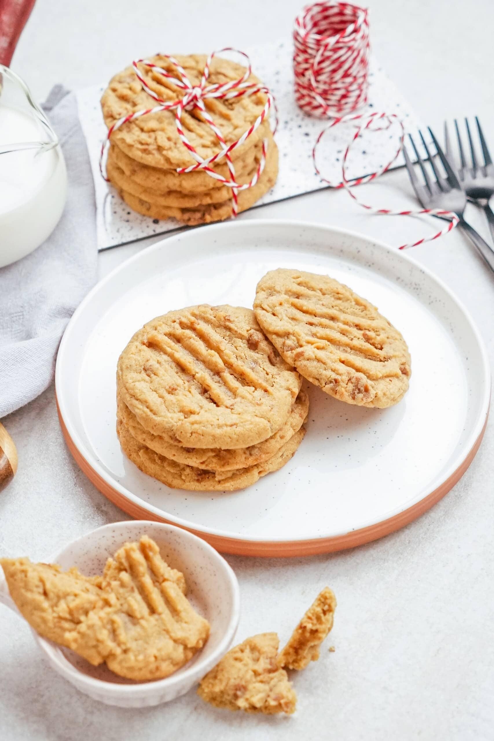 peanut butter toffee cookies on a plate and tablescape