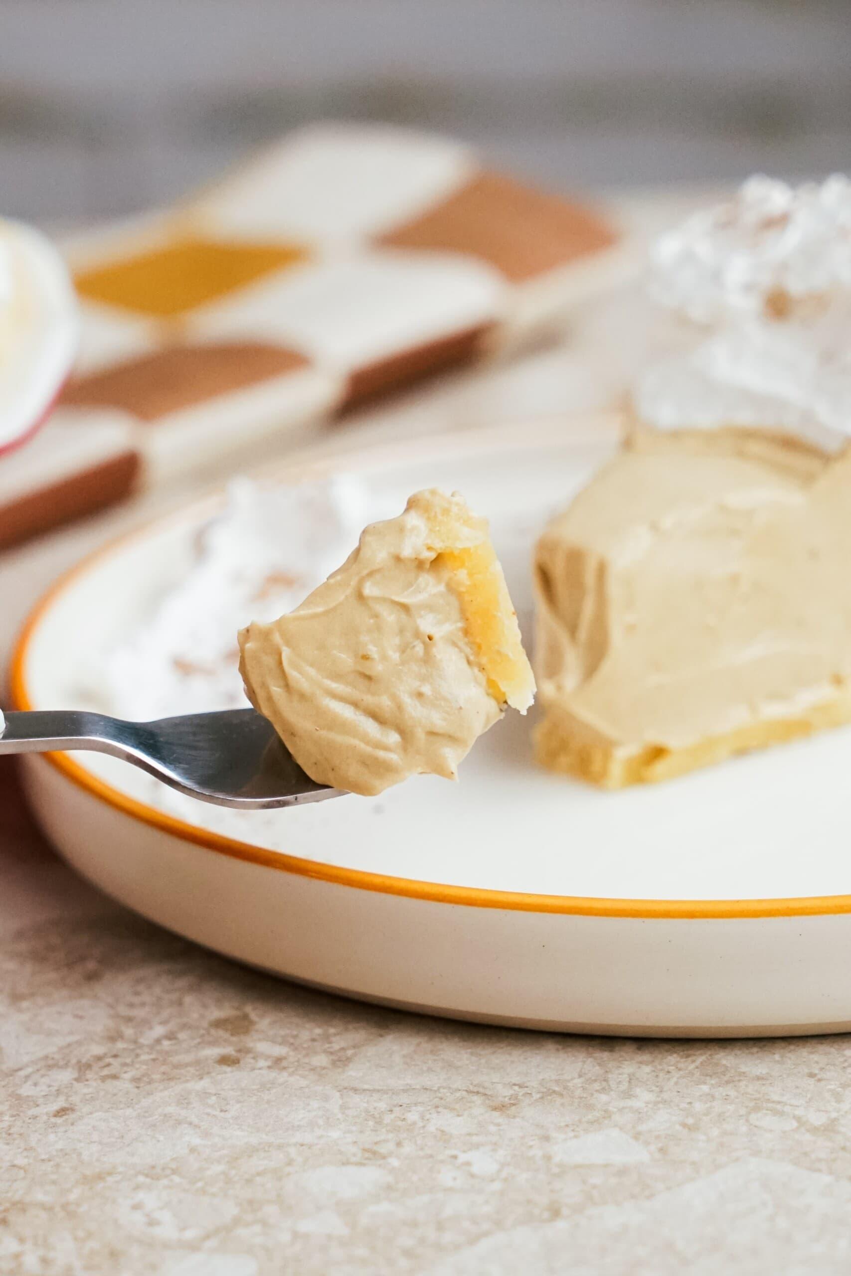 bite of gingerbread cream pie on a fork