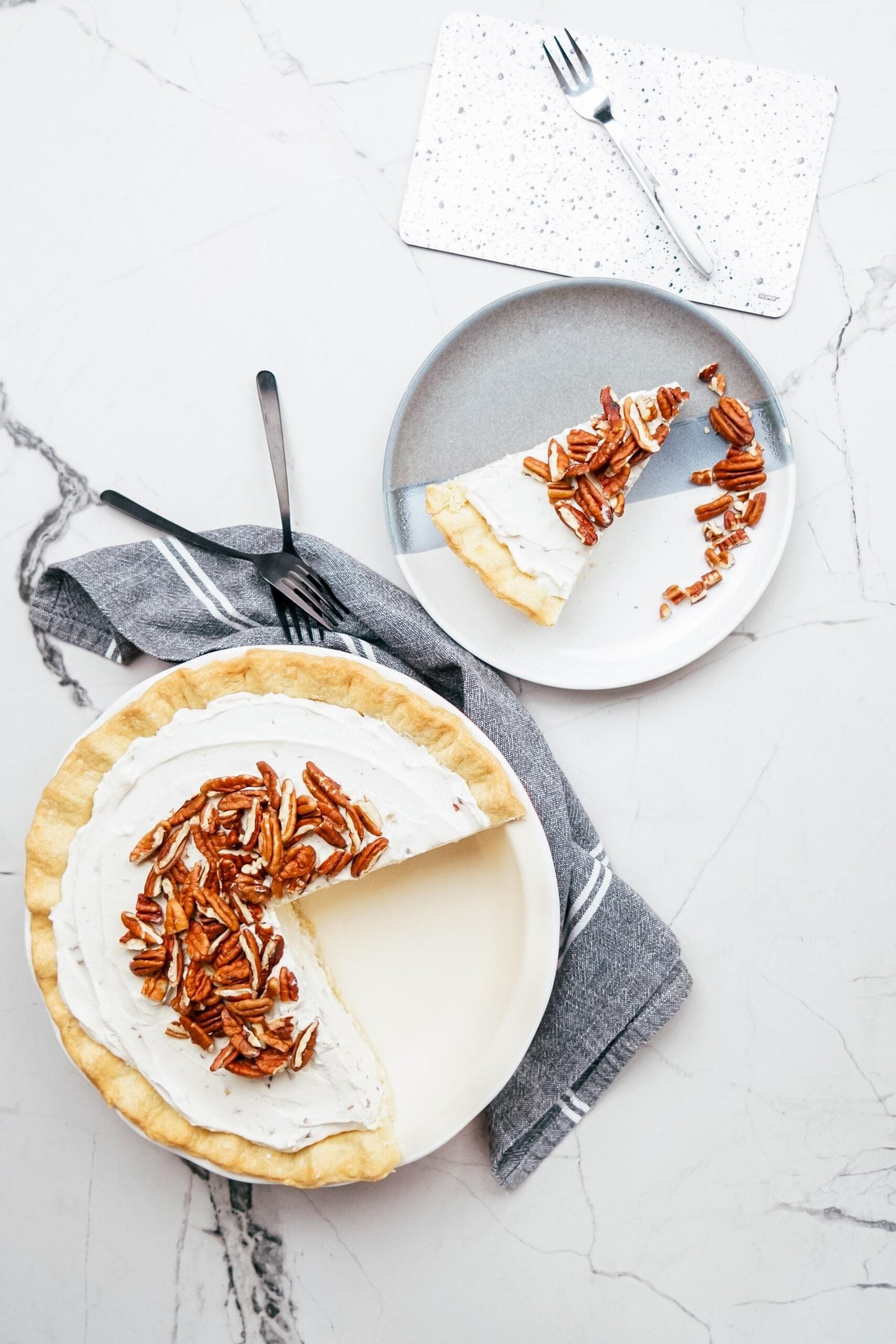 pecan cream pie on a tablescape 