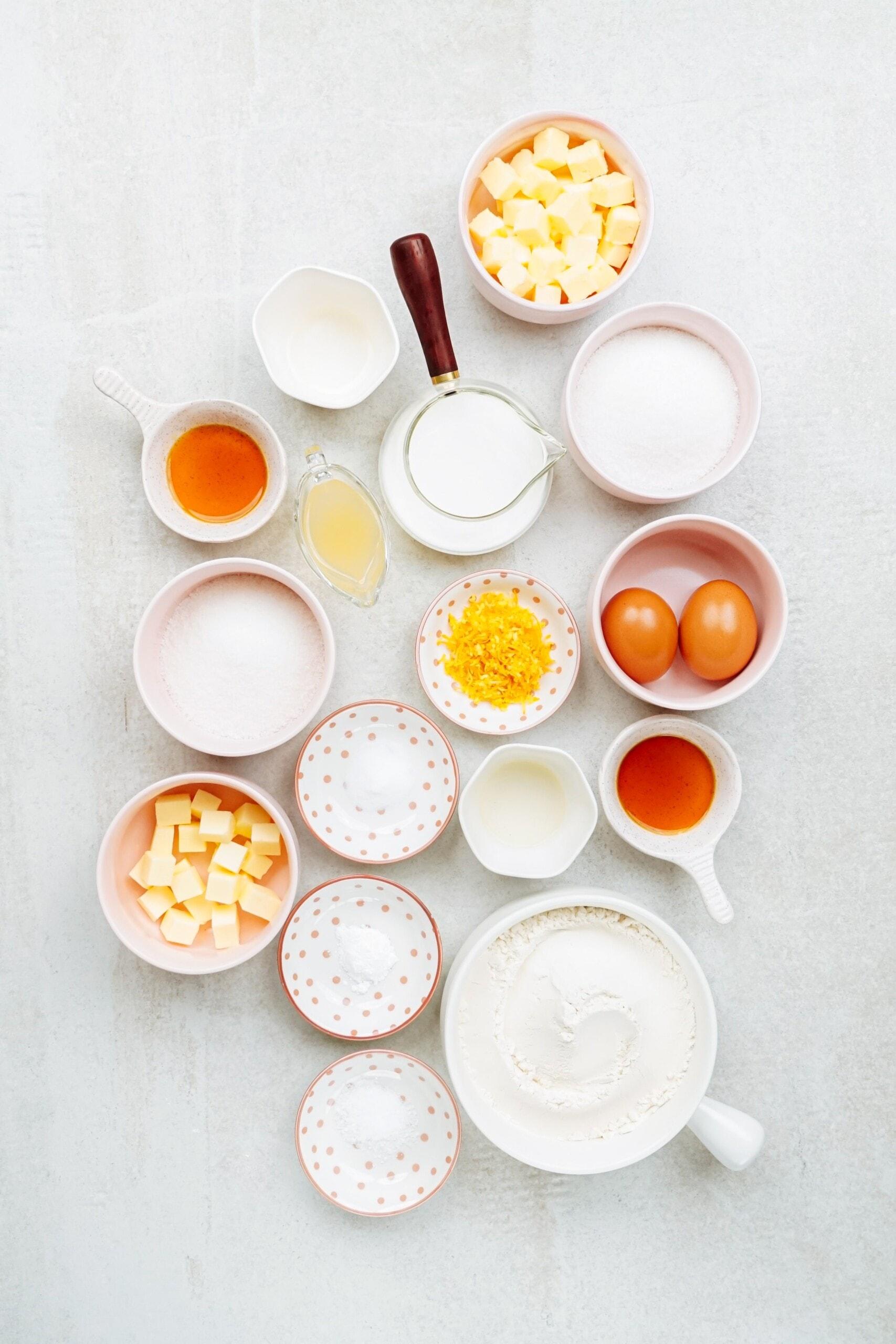 Meyer lemon pound cake ingredients on a tablescape