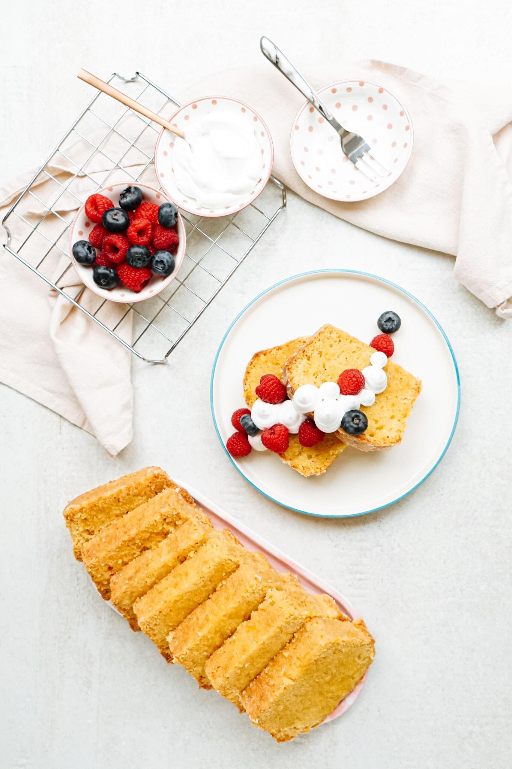 lemon pound cake sliced and on a tablescape