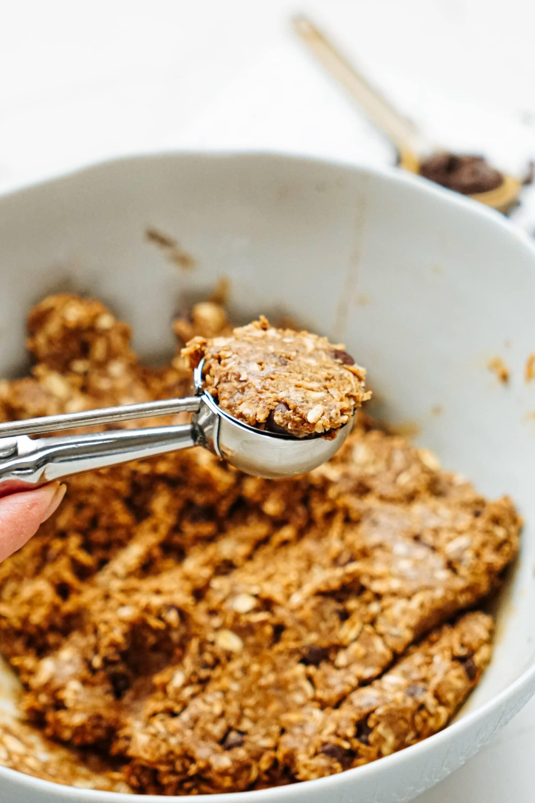 small cookie scoop with peanut butter ball in it