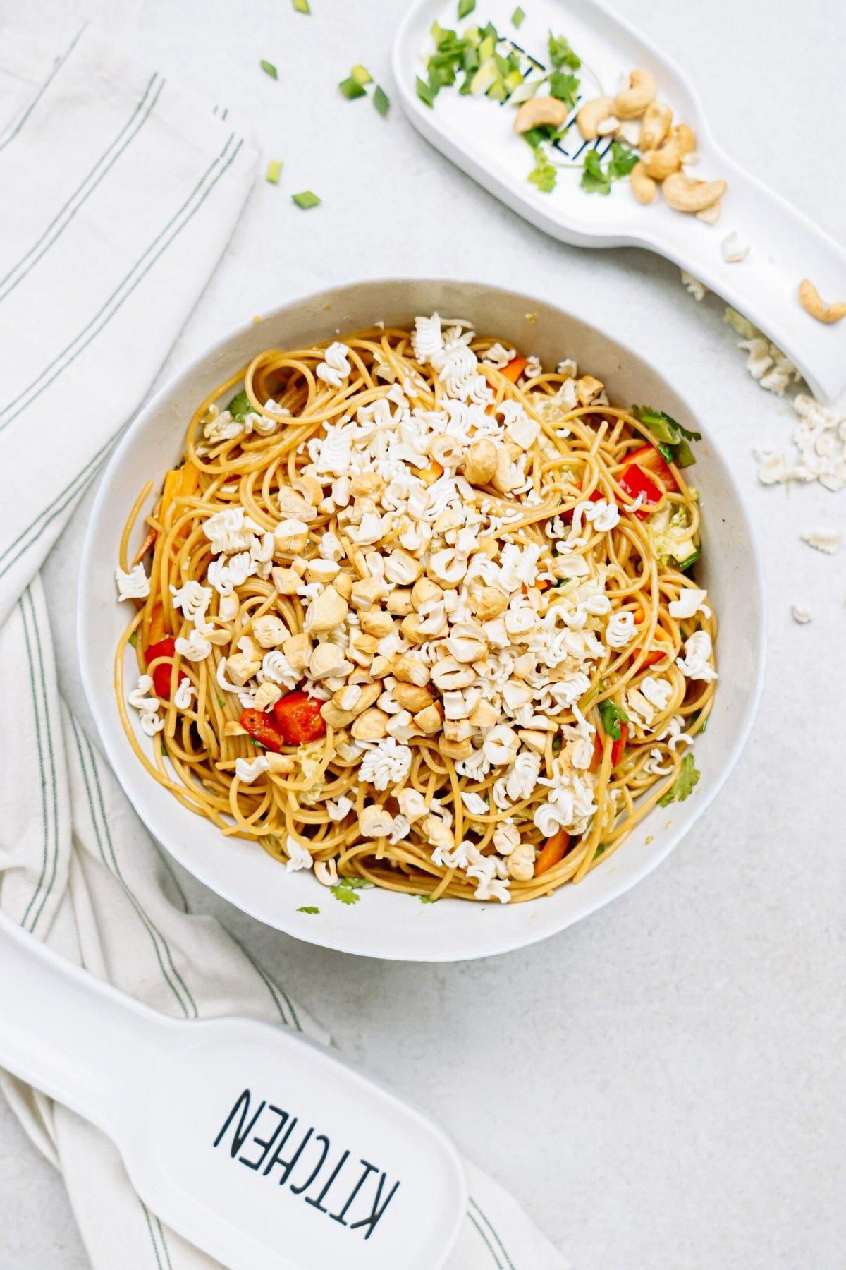 sesame noodle salad on a tablescape