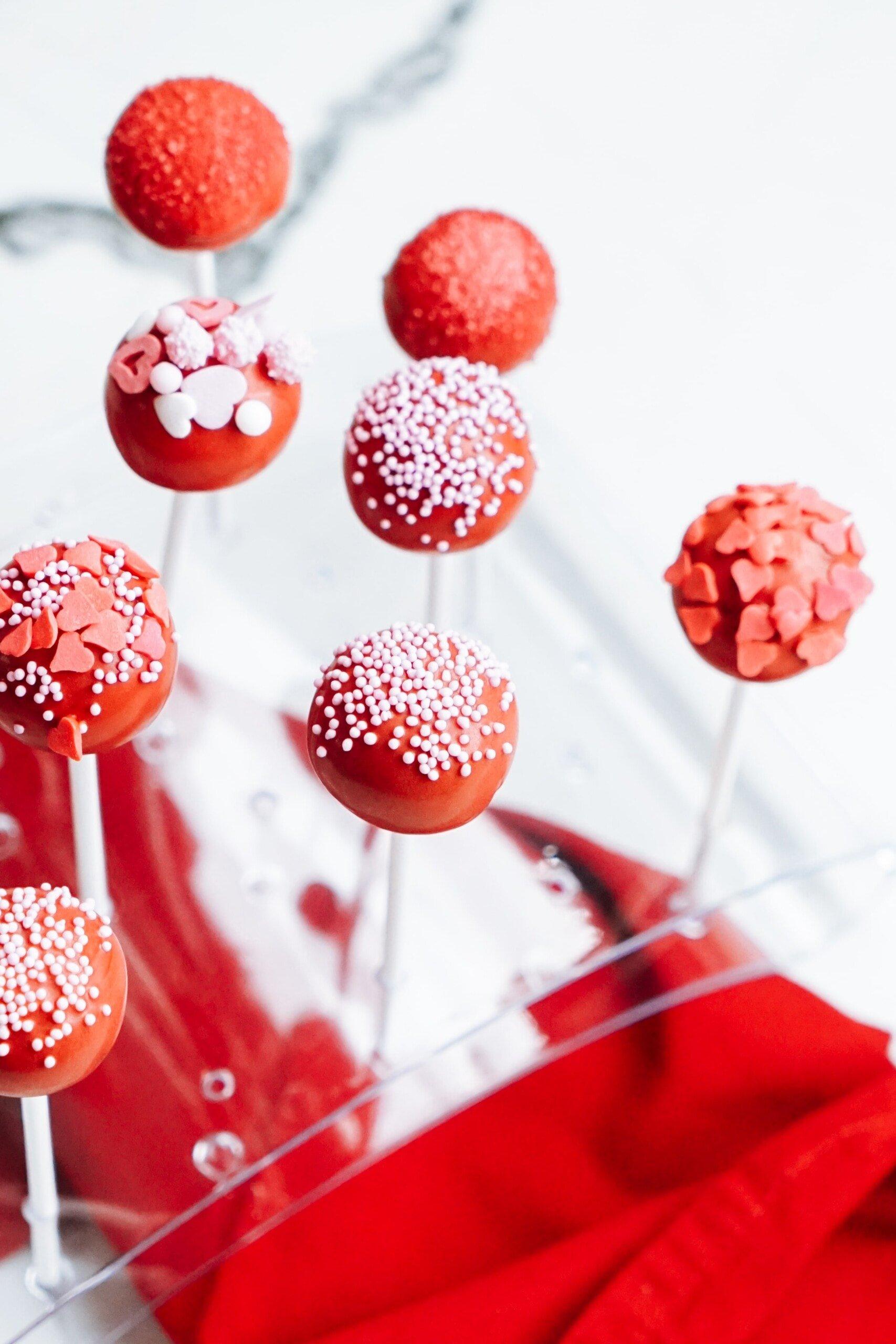 valentines cake pops in a stand 