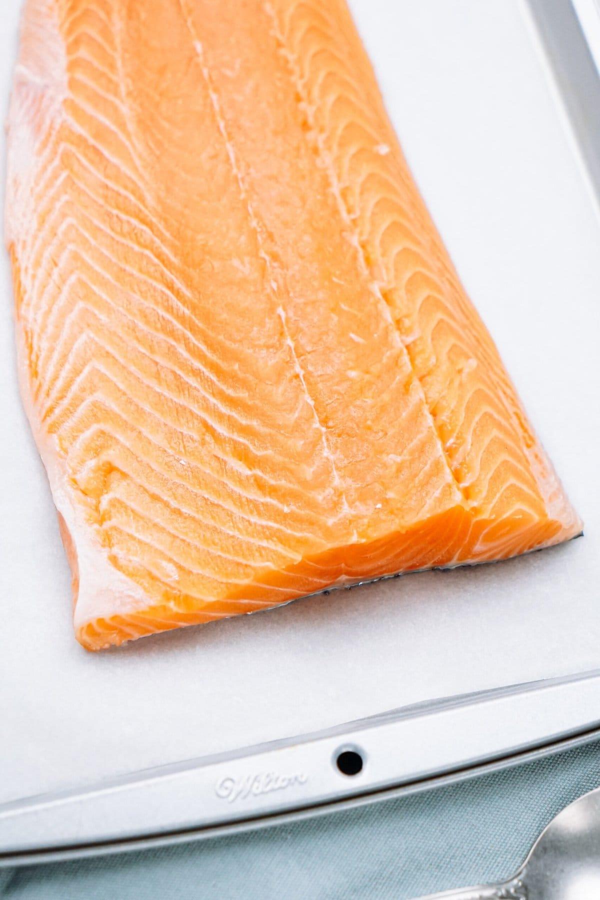 salmon on a baking sheet