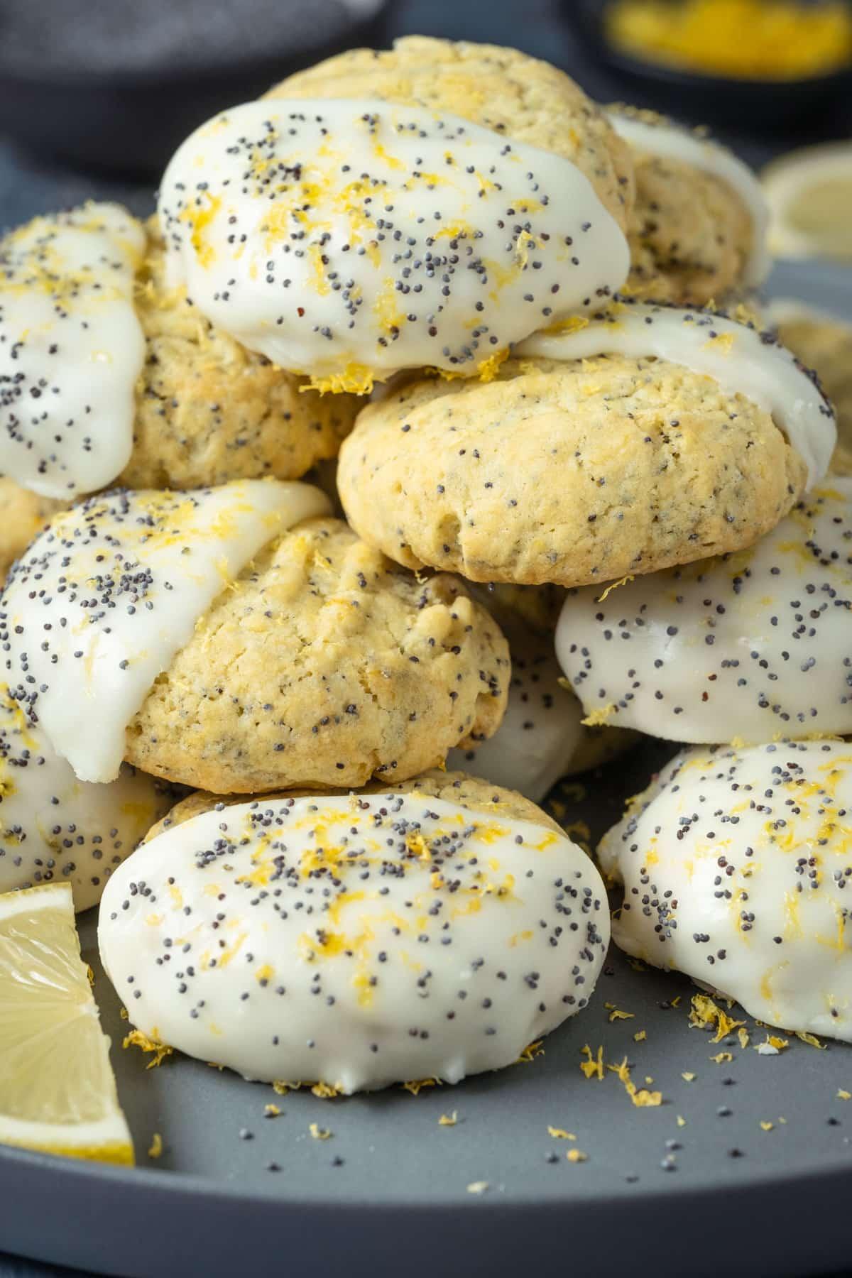Vegan Lemon Poppy Seed cookies with lemon glaze.