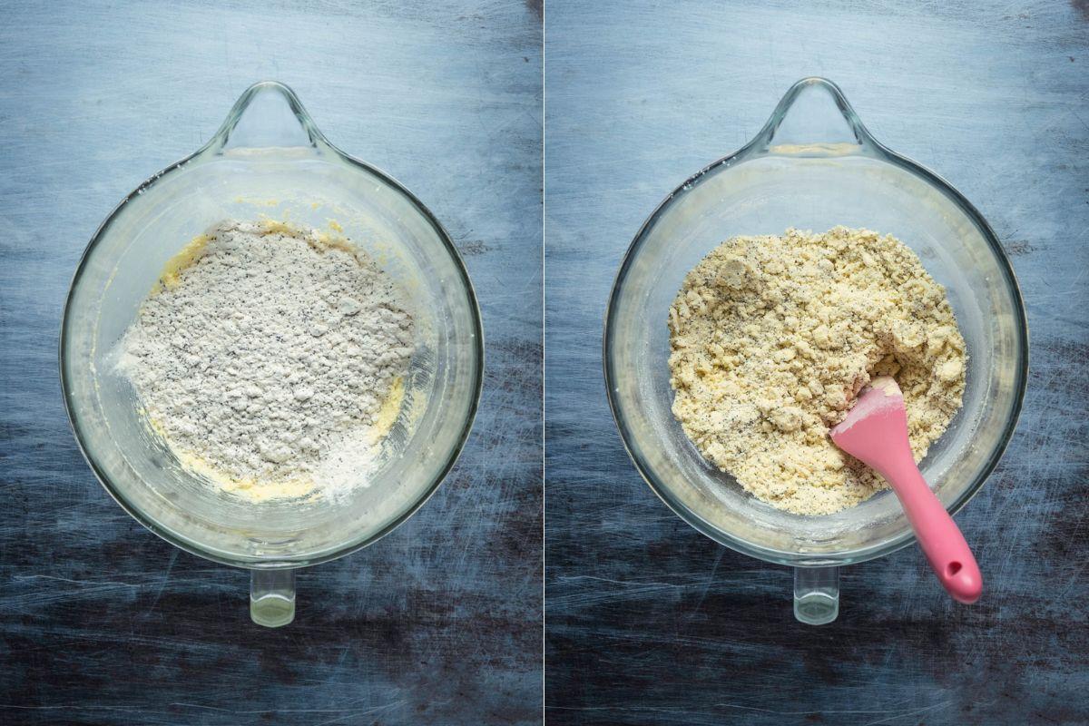 Add dry ingredients to wet ingredients and mix by hand until combined.