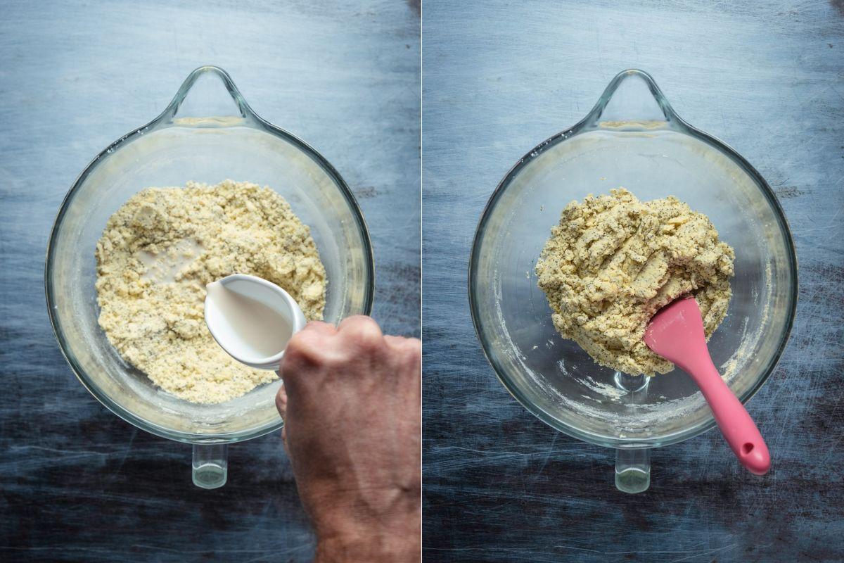 Add the soy milk and mix into thick cookies dough.