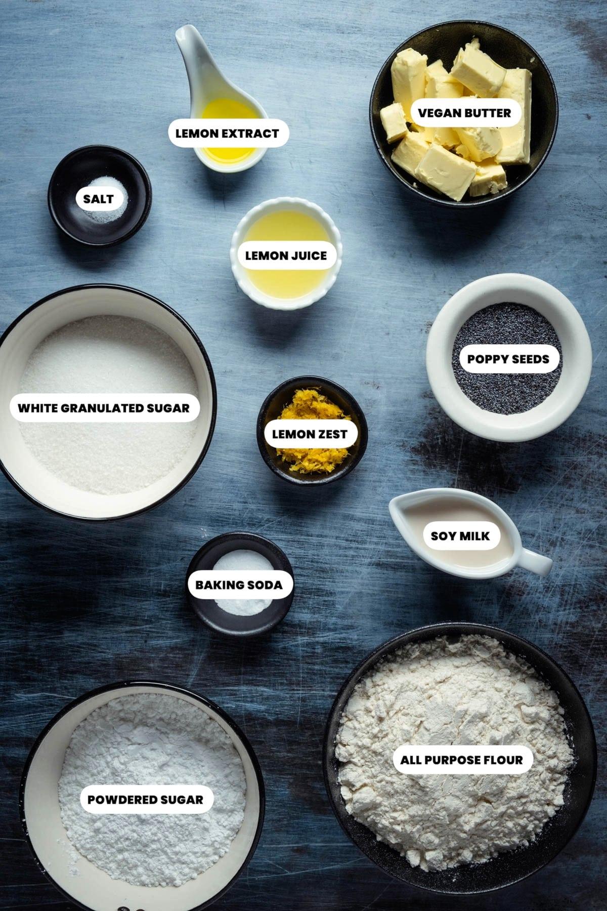 Ingredients needed for Vegan Lemon Poppy Seed Cookies