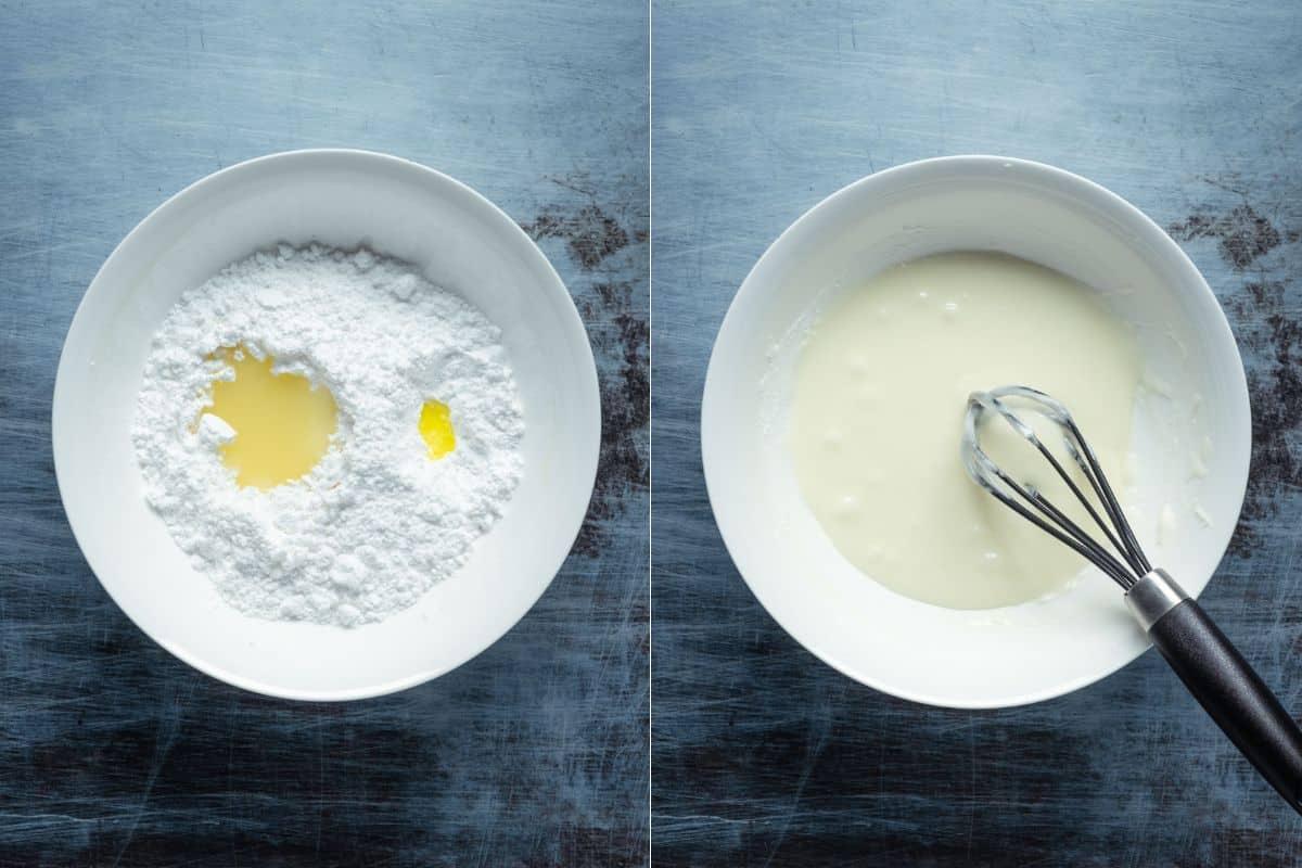 Add powdered sugar to a bowl and add the lemon juice and lemon extract.