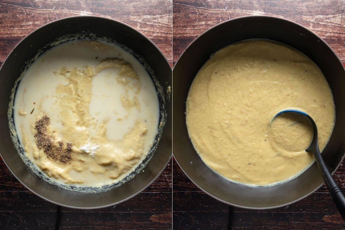 Add almond milk and salt and pepper and mix until combined.