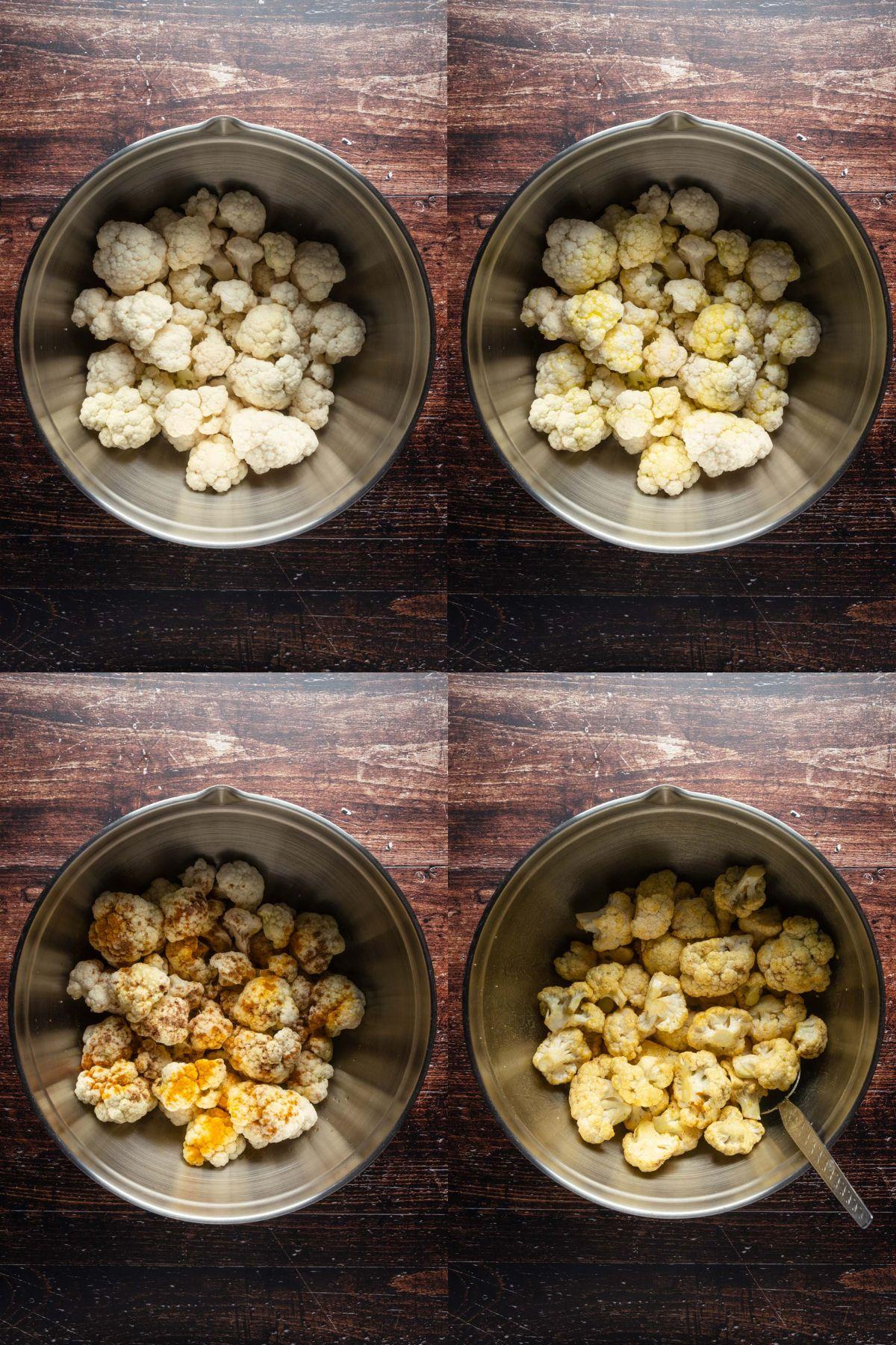 Add cauliflower to a large bowl and add oilve oil and spices. Mix until combined.
