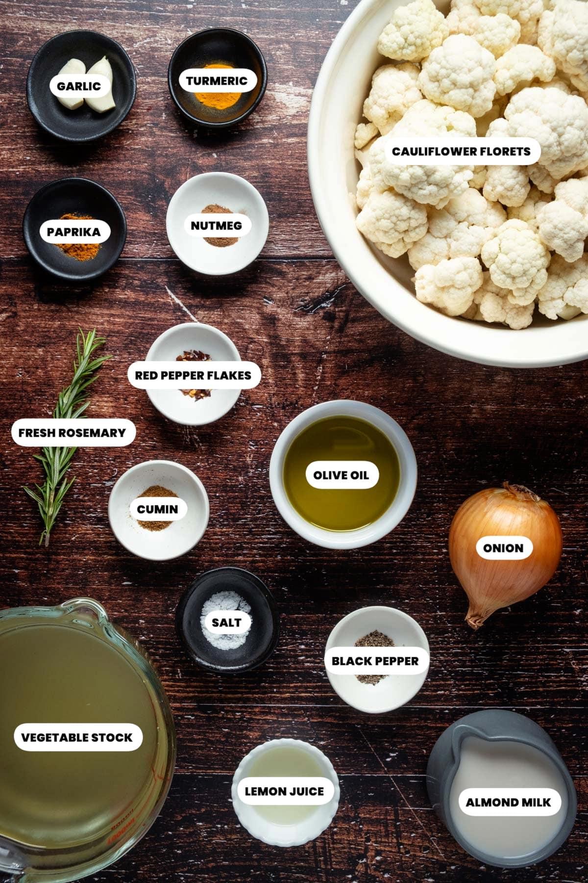 Ingredients needed for Vegan Roasted Cauliflower Soup