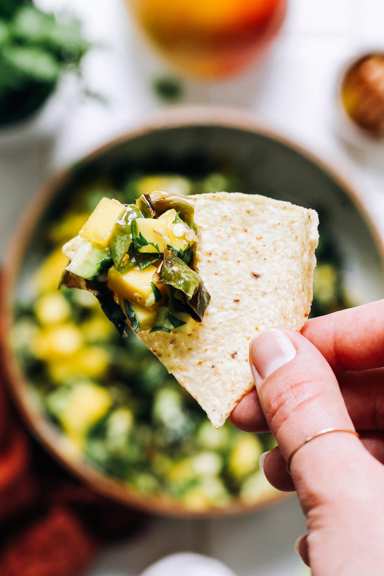 Close up shot of a tortilla chip with shishito mango salsa on it