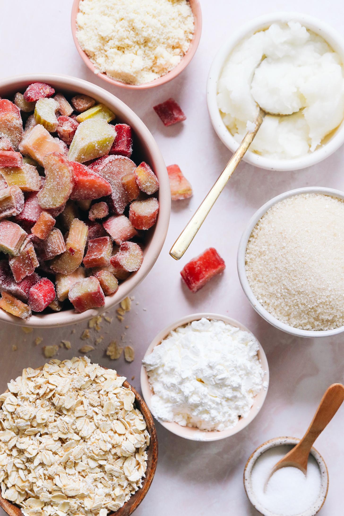 Oats, rhubarb, almond flour, coconut oil, cane sugar, cornstarch, and salt