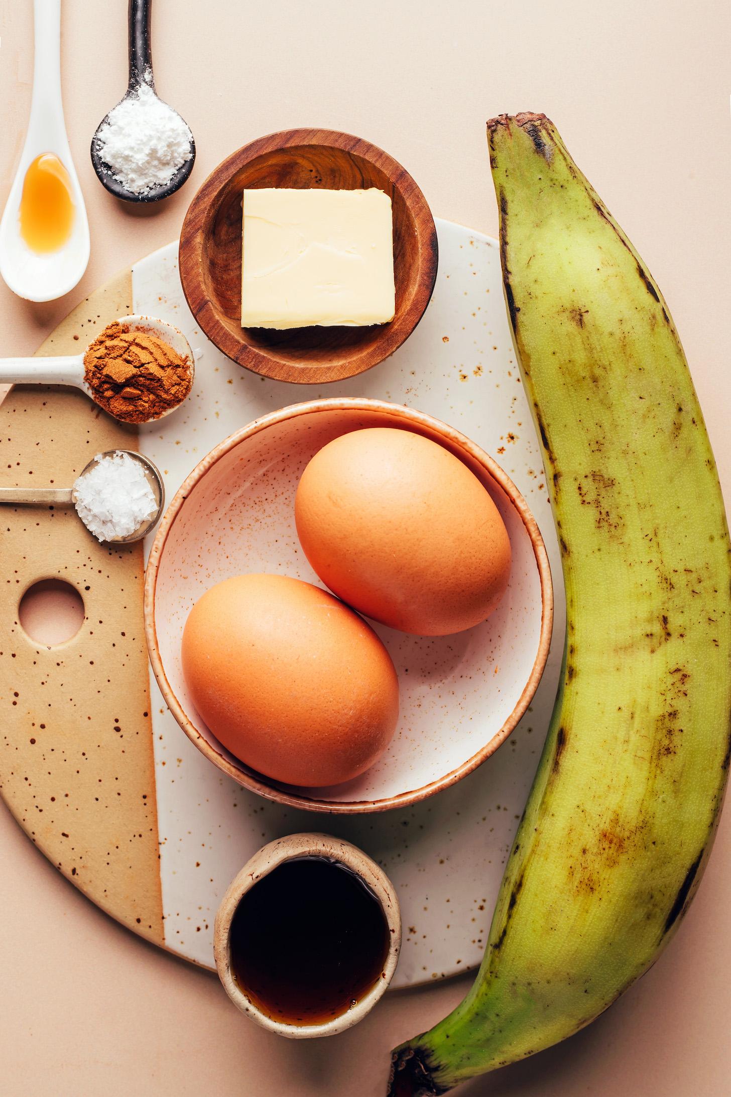 Green plantain, eggs, maple syrup, salt, cinnamon, butter, baking powder, and vanilla