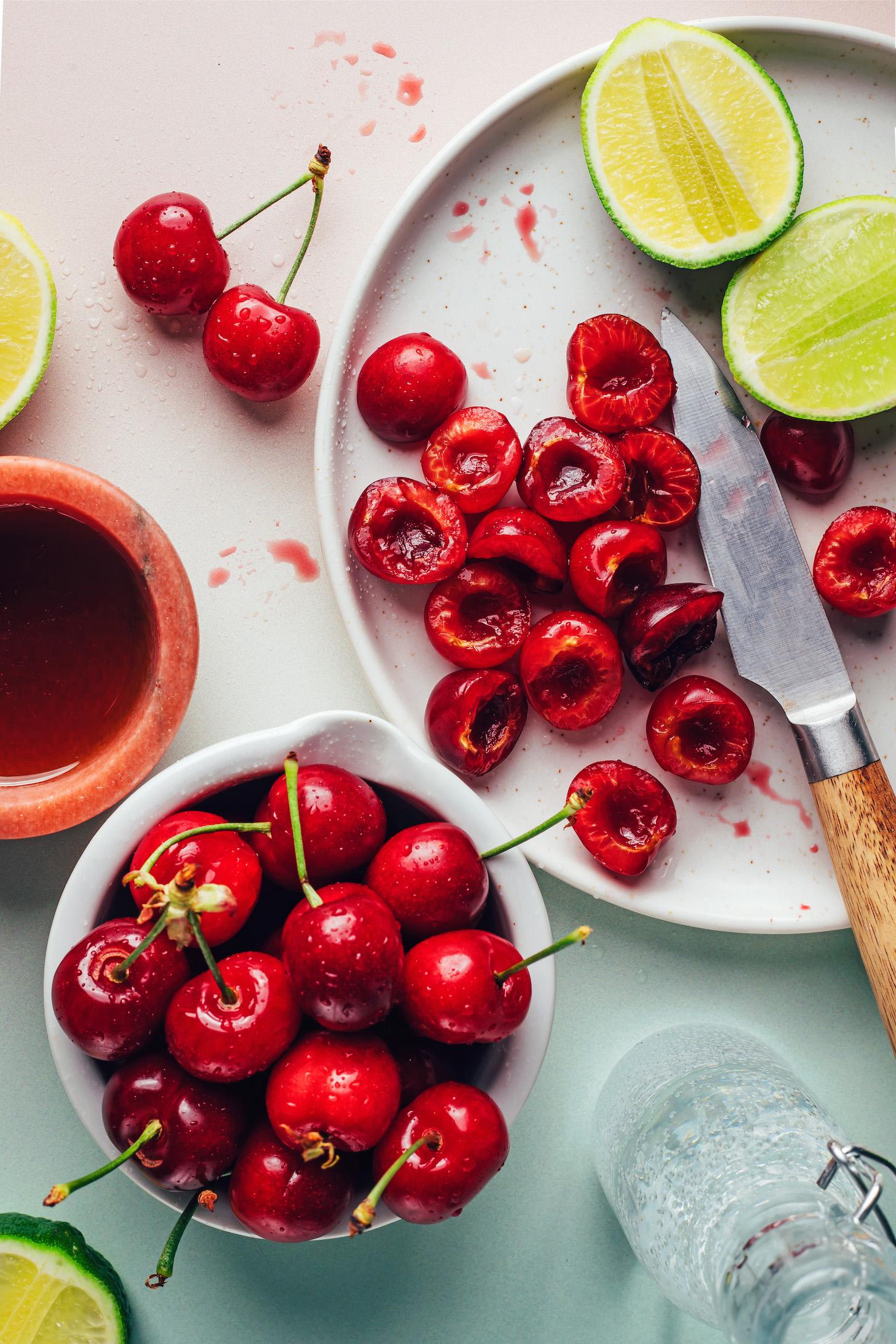 Limes, cherries, sparkling water, and maple syrup