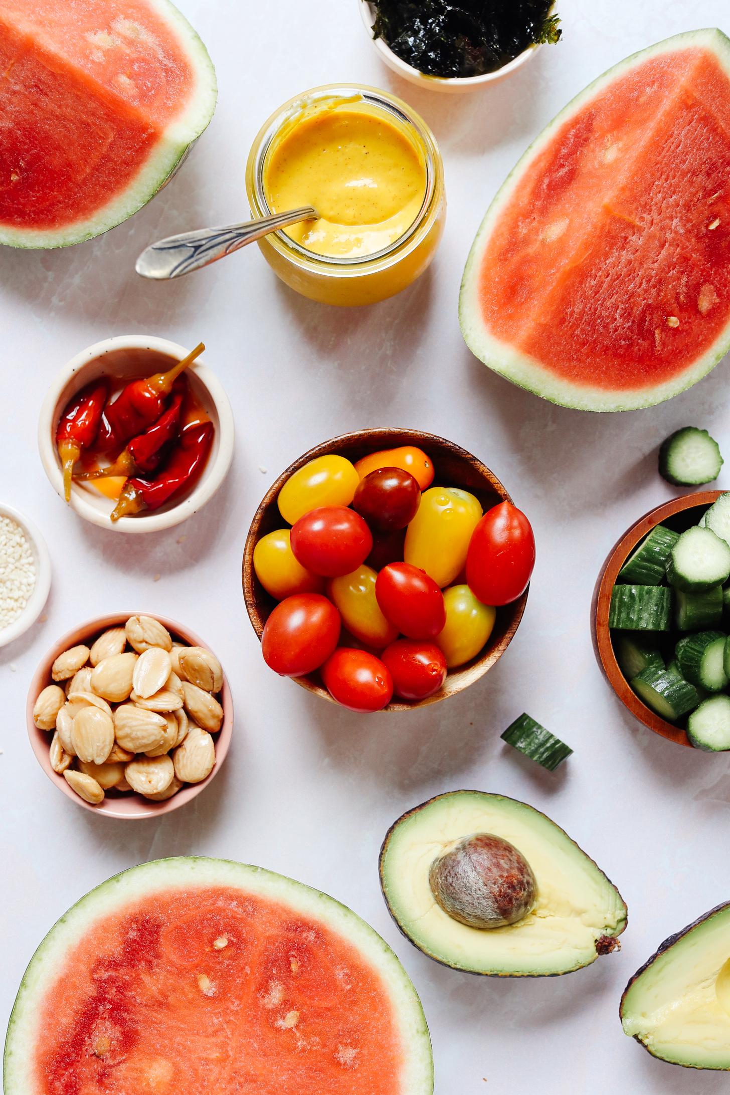 Watermelon, mango vinaigrette, seaweed, Calabrian chilis, marcona almonds, avocado, cucumber, and tomatoes