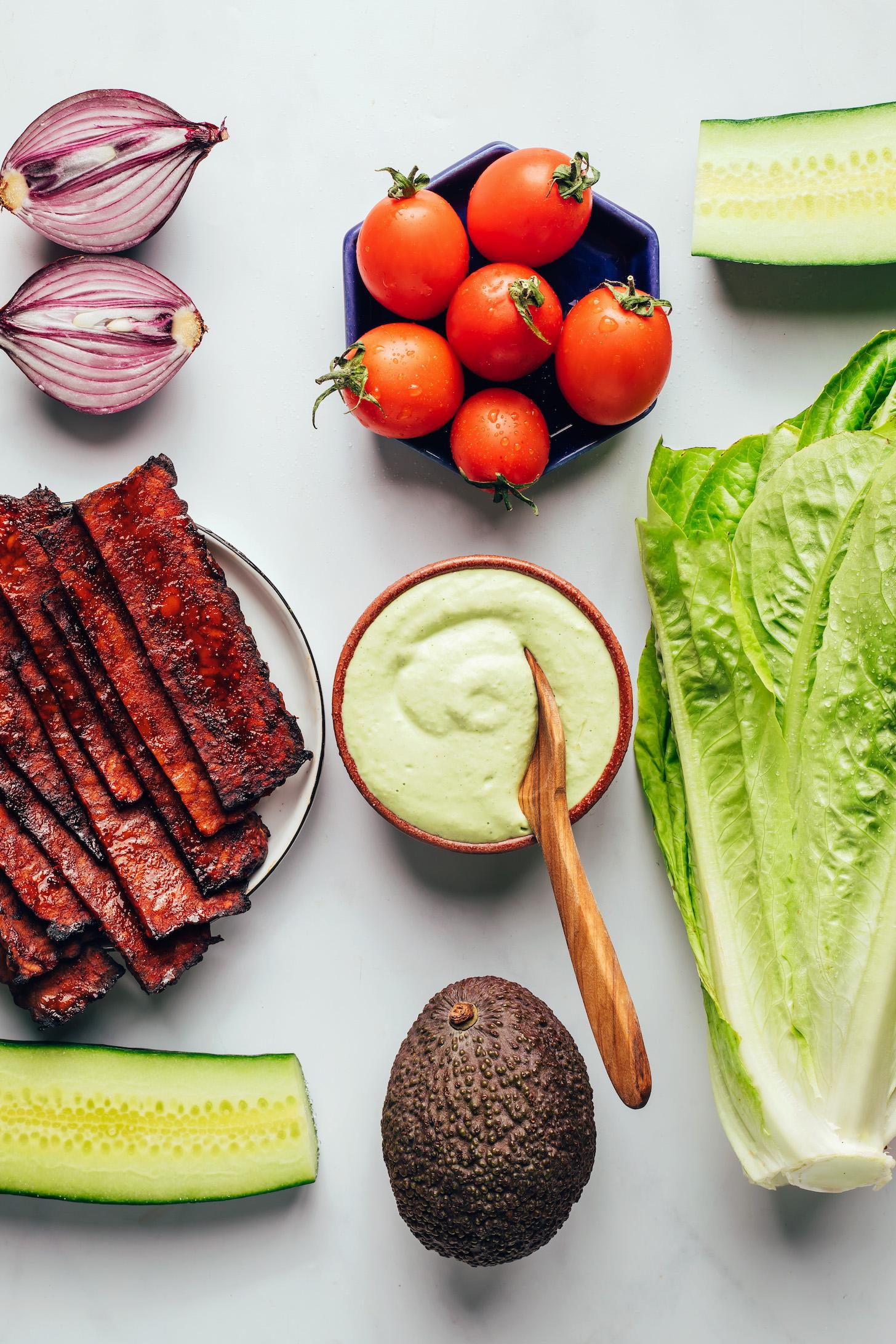 Cucumber, cherry tomatoes, red onion, tempeh bacon, avocado, ranch, and romaine