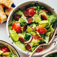 Overhead shot of a bowl of our vegan blt salad recipe