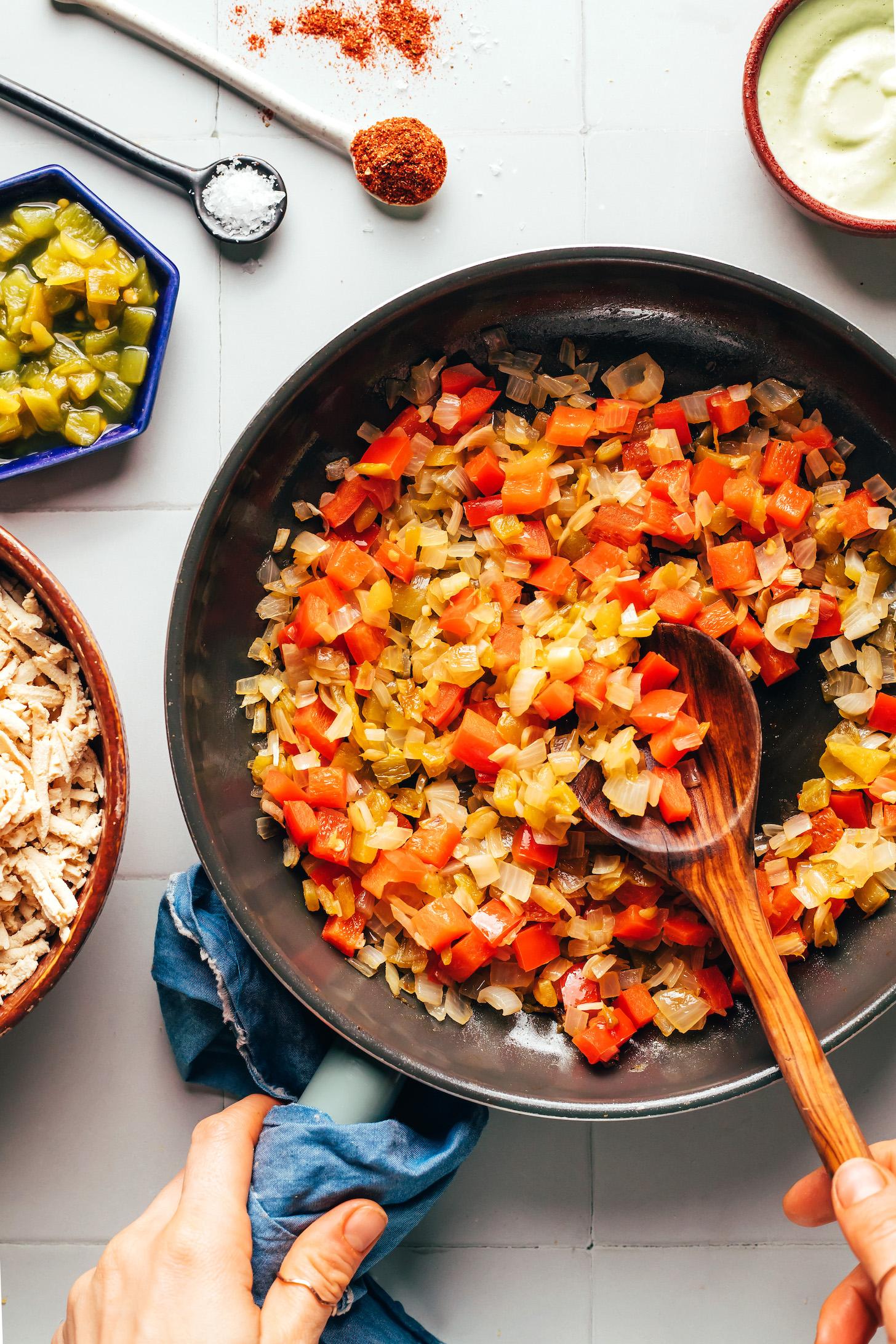 Skillet of sautéed peppers and onions