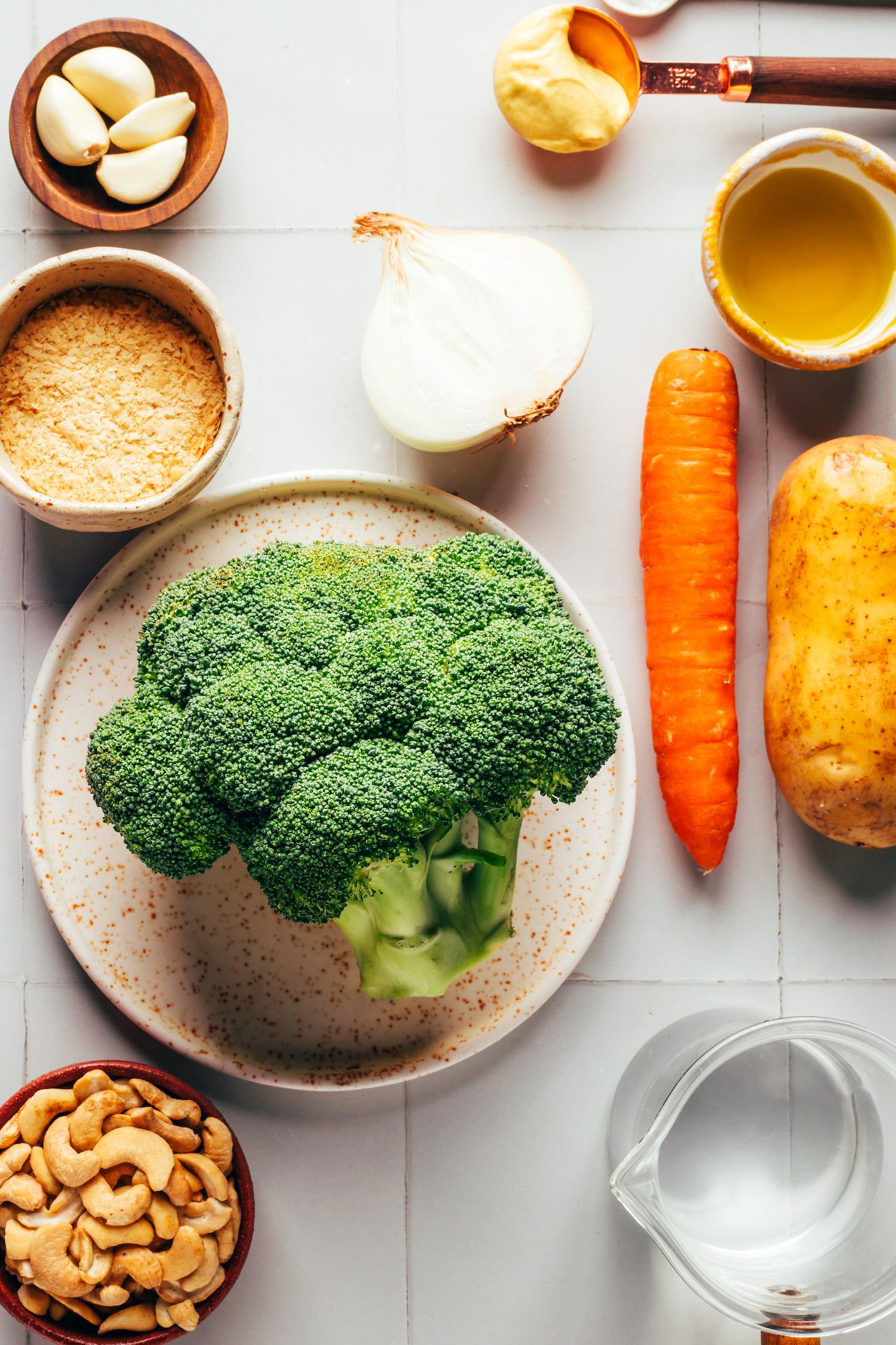 Garlic, nutritional yeast, broccoli, water, cashews, carrot, potato, onion, olive oil, mustard, and sea salt