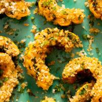 Close up photo of our garlic and herb breaded delicata squash recipe