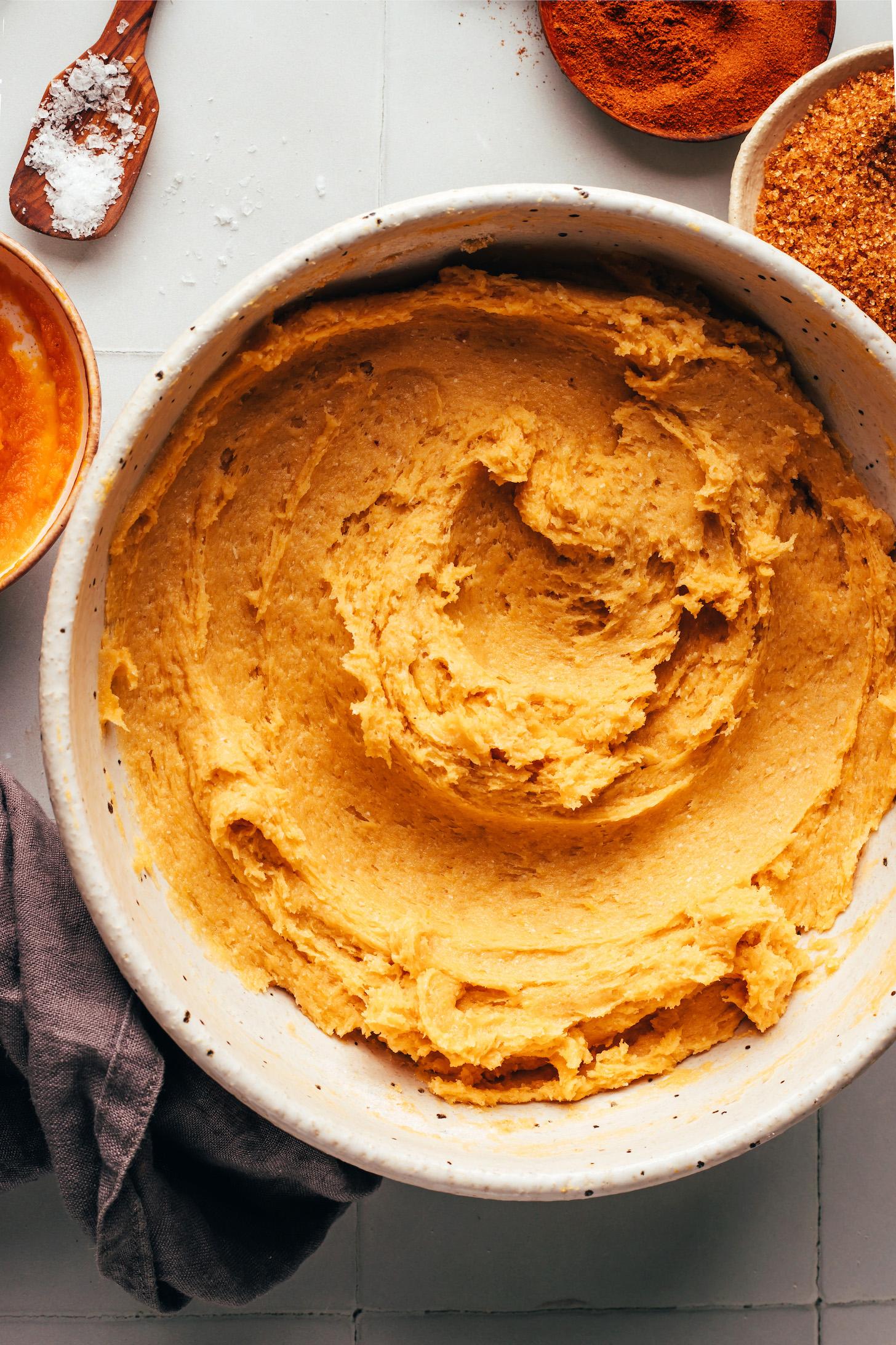 Fluffy pumpkin coffee cake batter in a bowl