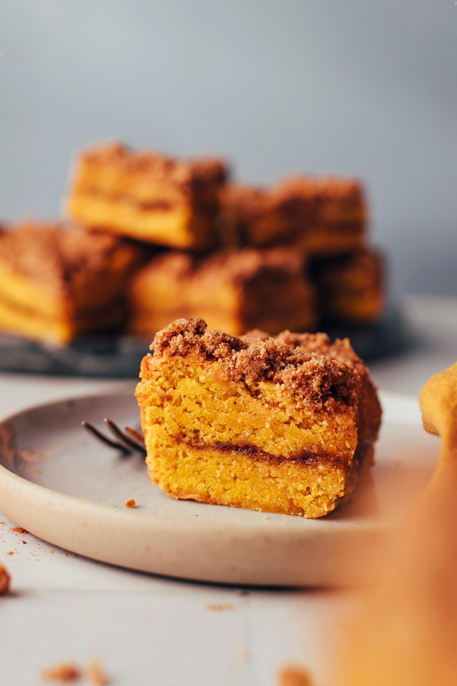 Slice of pumpkin streusel coffee cake on a plate