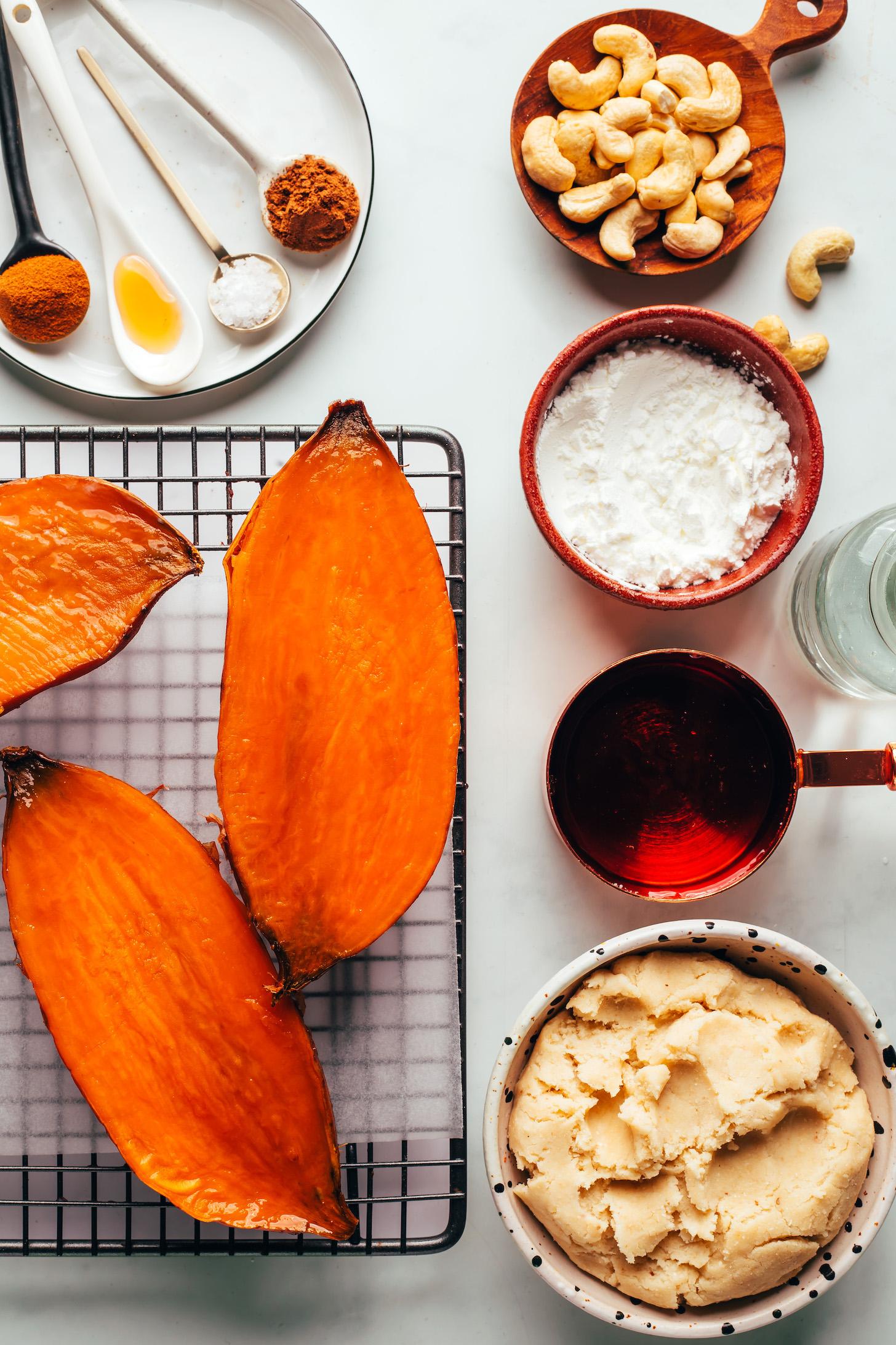 Roasted sweet potatoes, spices, cashews, cornstarch, maple syrup, and pie crust