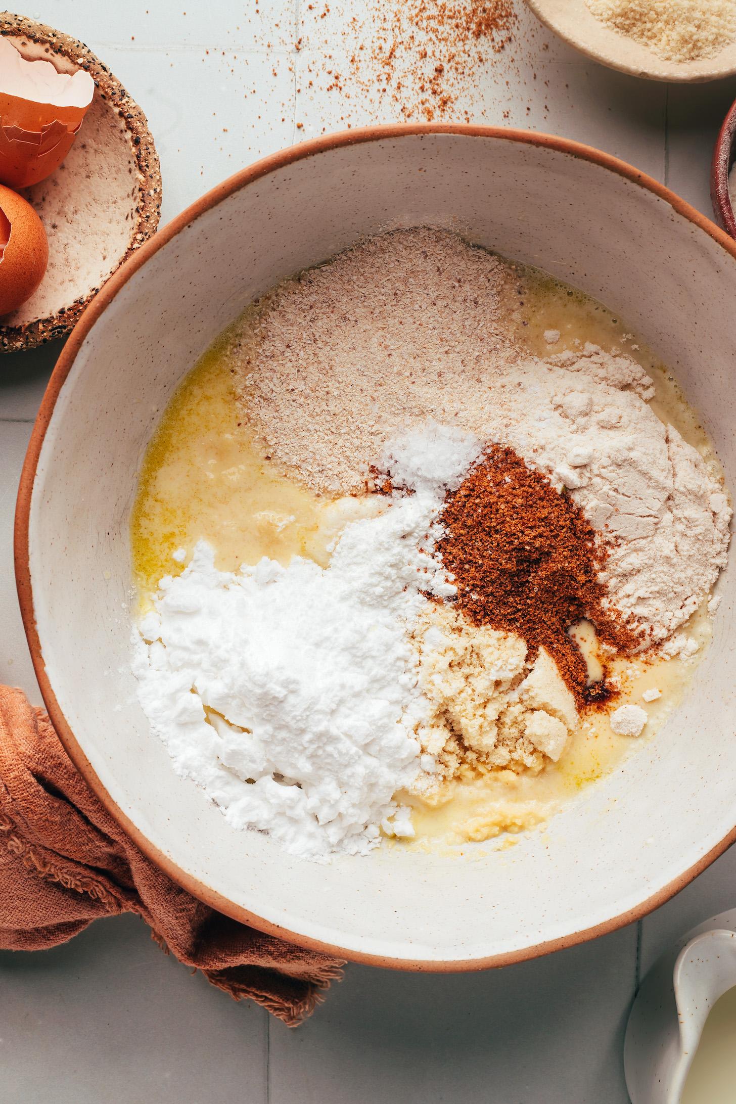 Dry ingredients in a bowl over wet ingredients