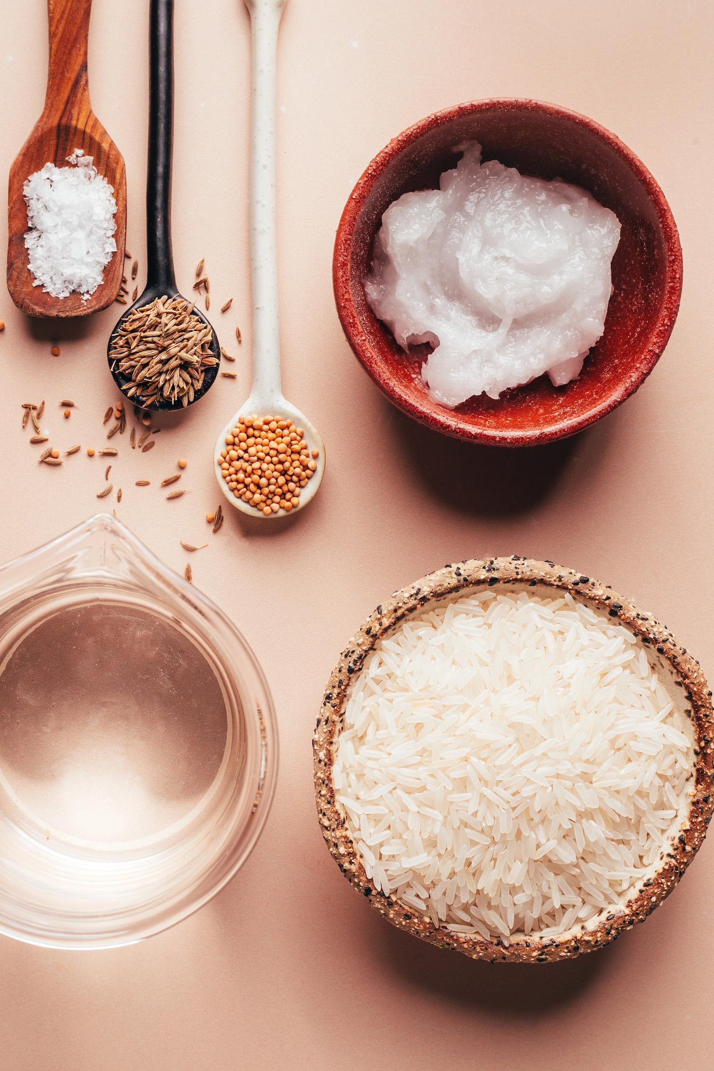 Coconut oil, mustard seeds, cumin seeds, salt, water, and white rice