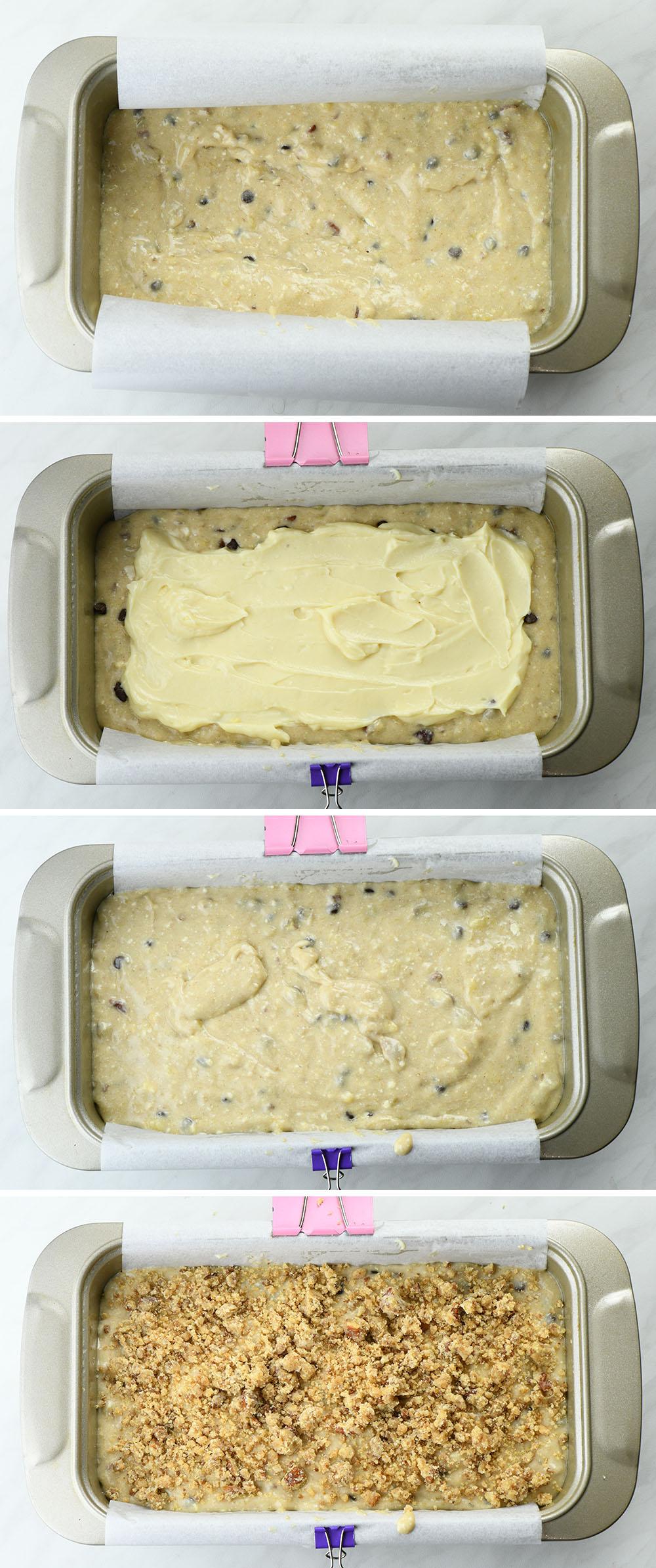 Four steps of baking banana bread.